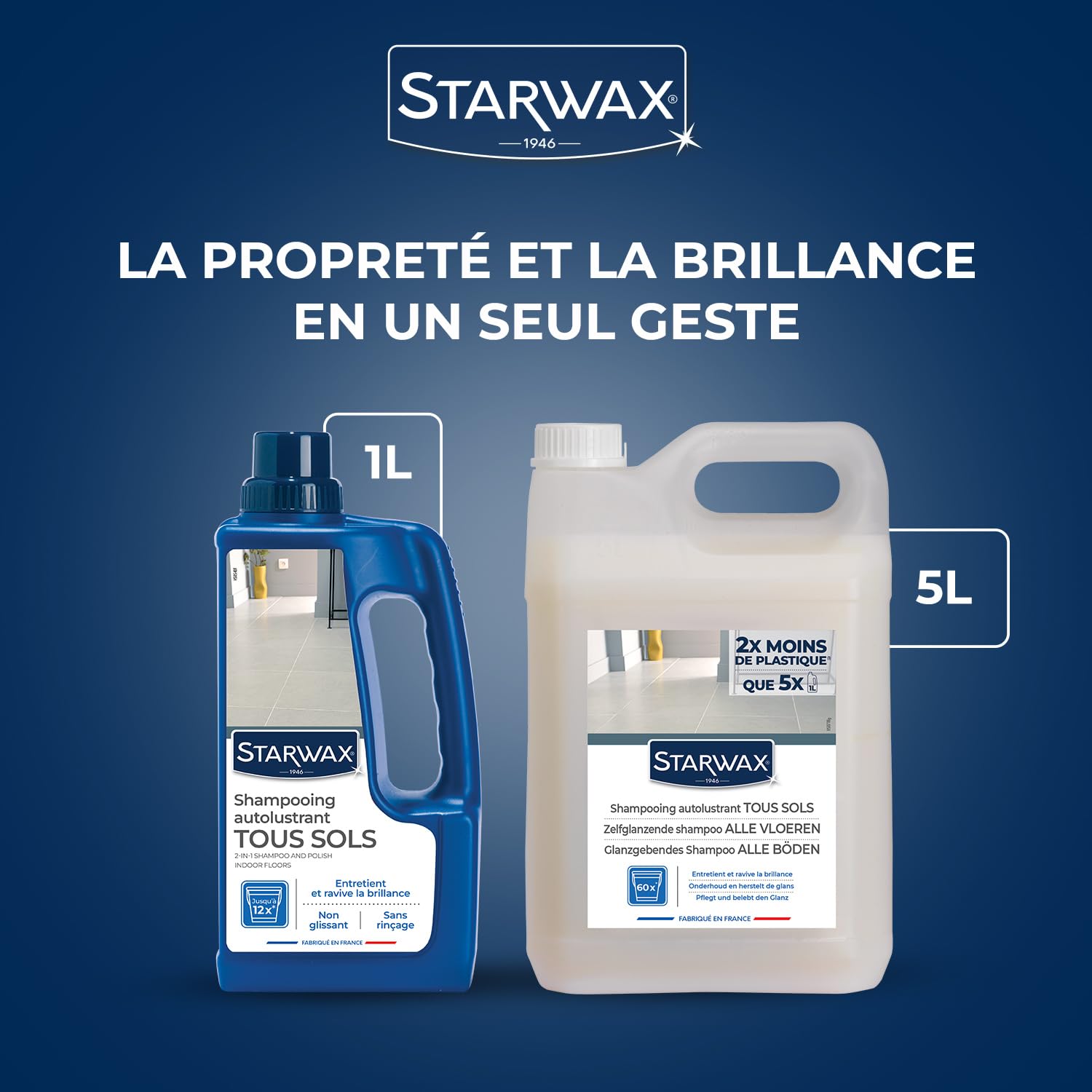 STARWAX Shampooing autolustrant pour sols intérieurs 5L | Nettoie et fait briller carrelage parquet PVC stratifié et béton ciré, sans rinçage, non glissant, rendement 750m²/L