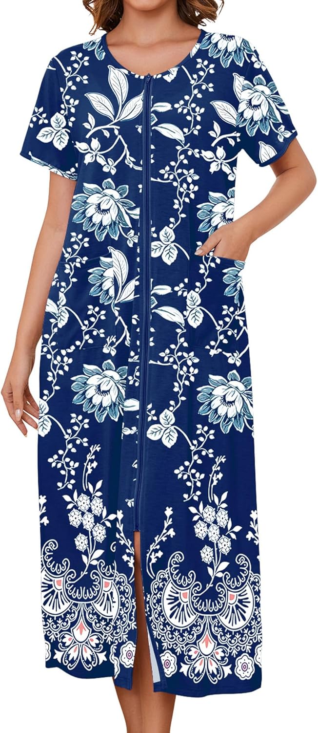 Bloggerlove Zipper Front Robes for Women House Coat Half Sleeve Loungewear Long Nightgown with Pockets S-3XL