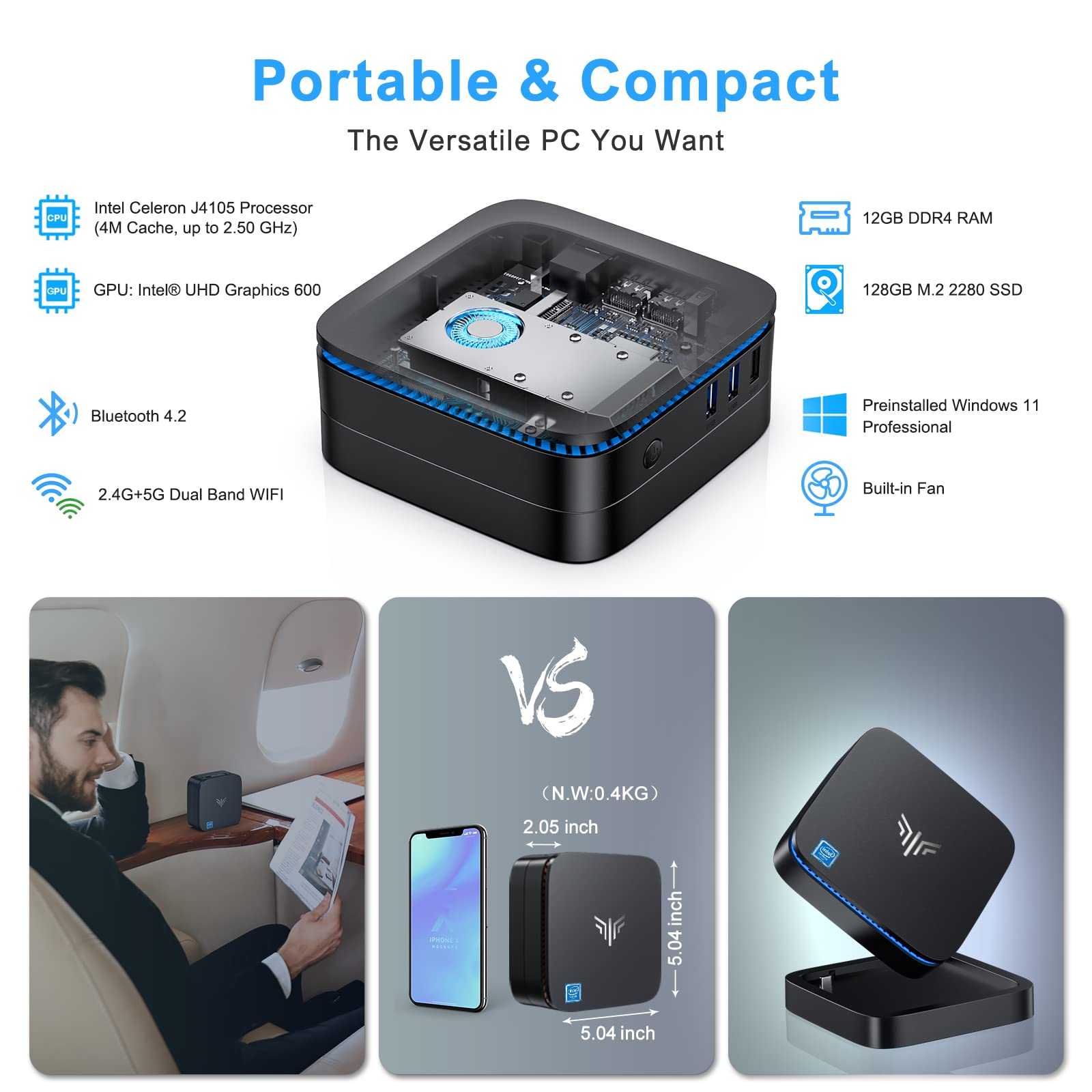 NiPoGi Mini PC, 12GB RAM 128GB SSD Celeron J4105 Micro PC, Dual