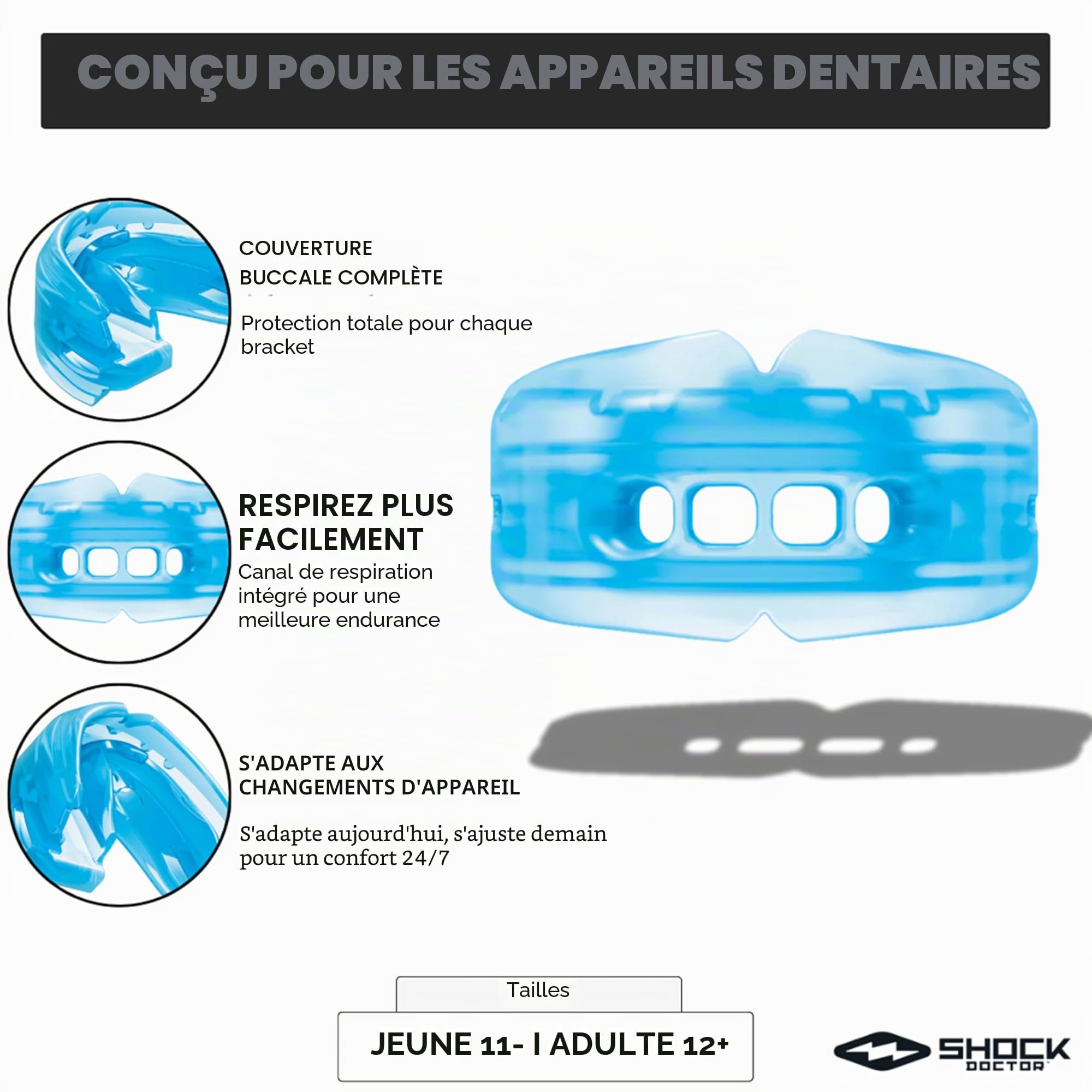 Shock Doctor Protège Dents pour Appareils Braces Enfants Rugby MMA Boxe Lacrosse Basketball Sports de Contact