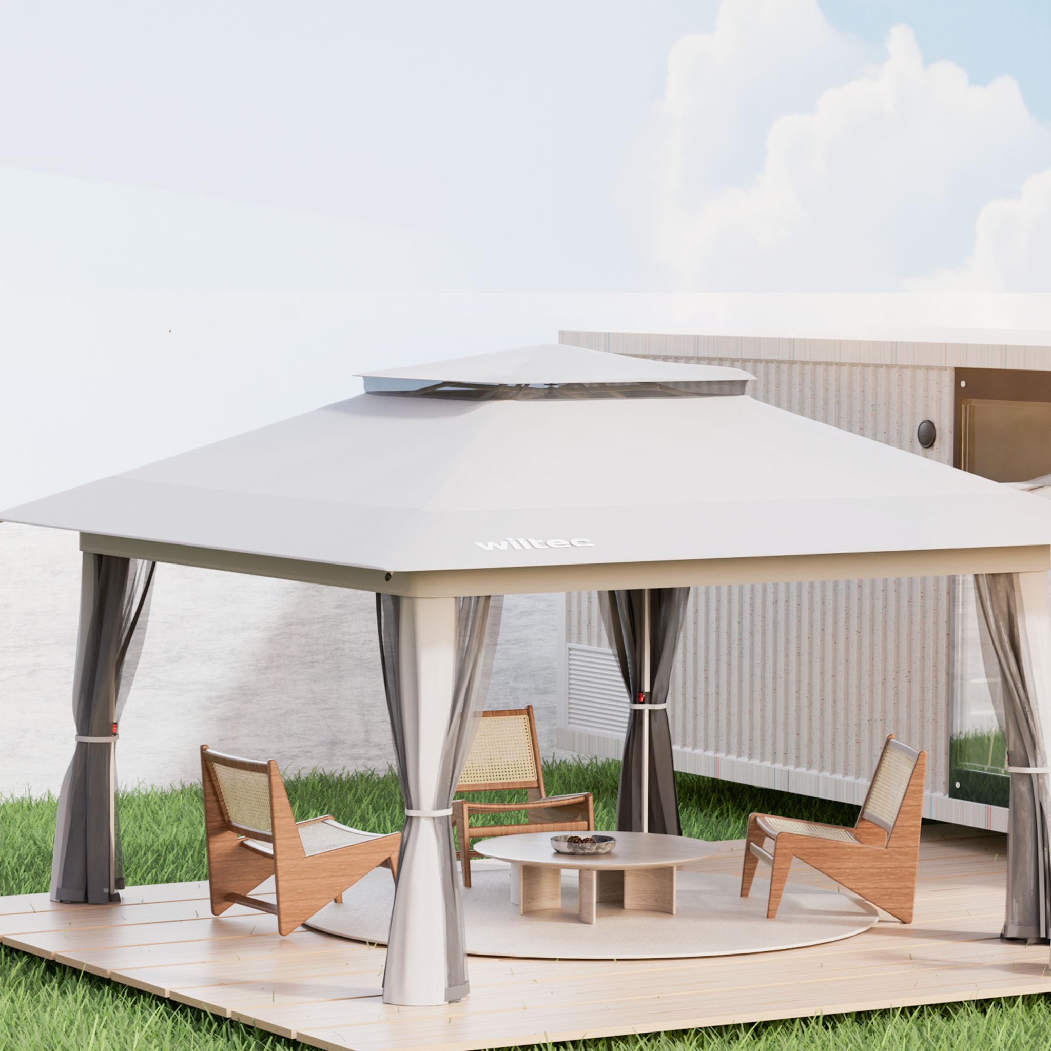 Wiltec Gazebo pieghevole con zanzariera, grigio chiaro 4 x 4 m, impermeabile, UV 50+, Tendone per feste