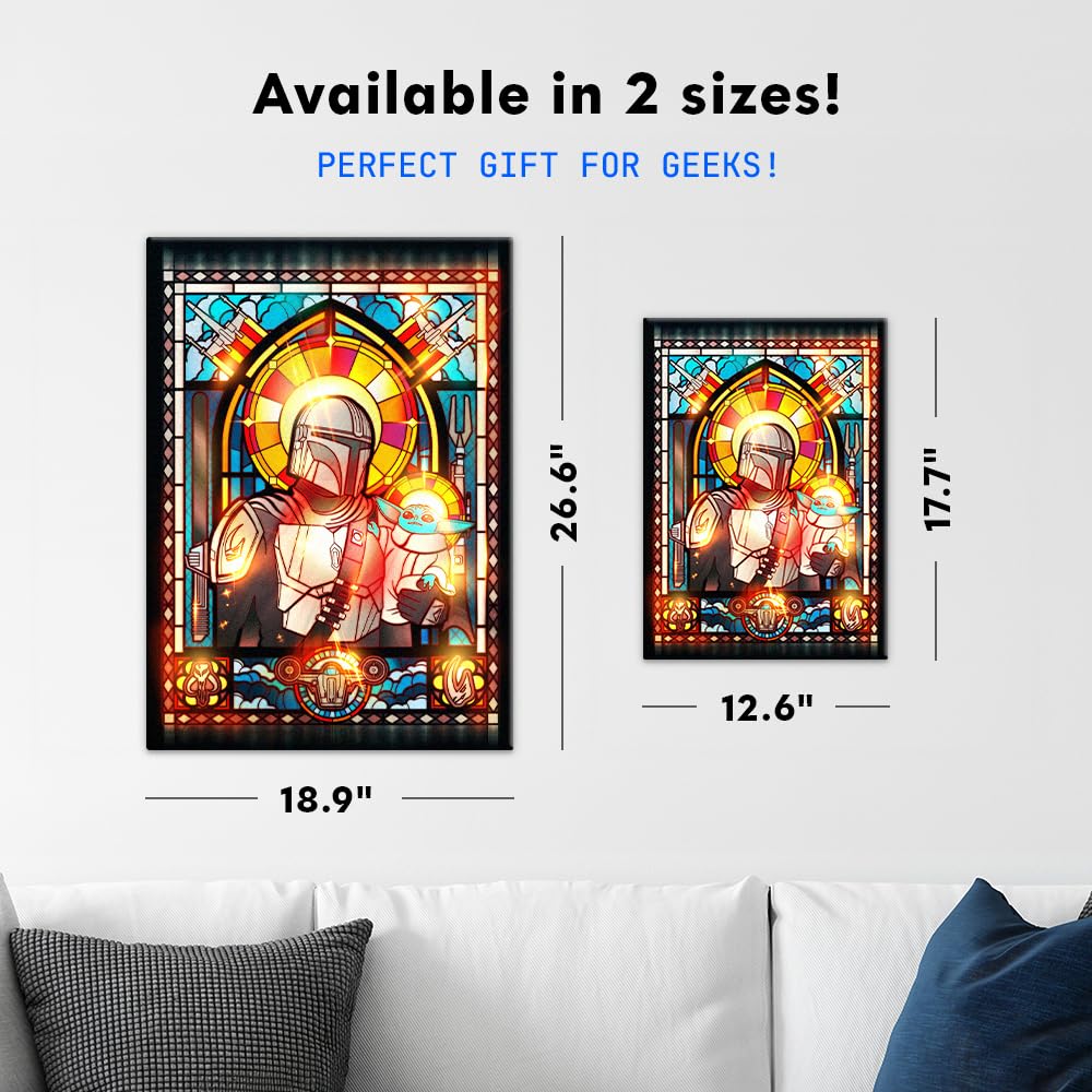 Displate Metallposter Star Wars – Mandalorian Buntglas – Grogu Din Djarin – Galaxis Saga – Sammlergeschenk – Premium Wanddekoration Wandkunst Deko Film Poster – 32 cm x 45 cm