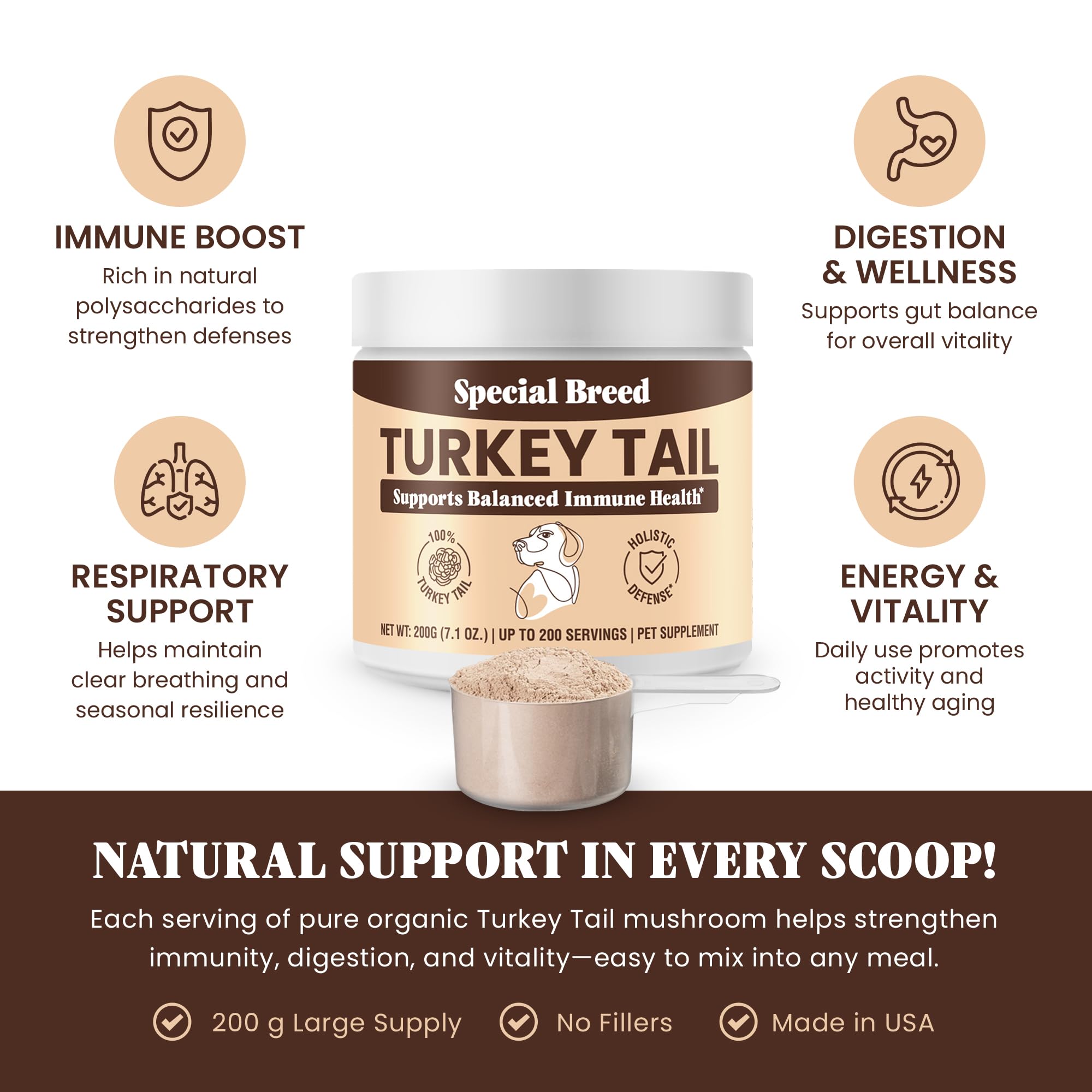Organic Turkey Tail Mushroom for Dogs and Cats, Immune Support with Beta Glucans and Polysaccharides, Digestive and Respiratory Health, Pure Mushroom Powder, No Fillers, 200 ct — Amazon image 2