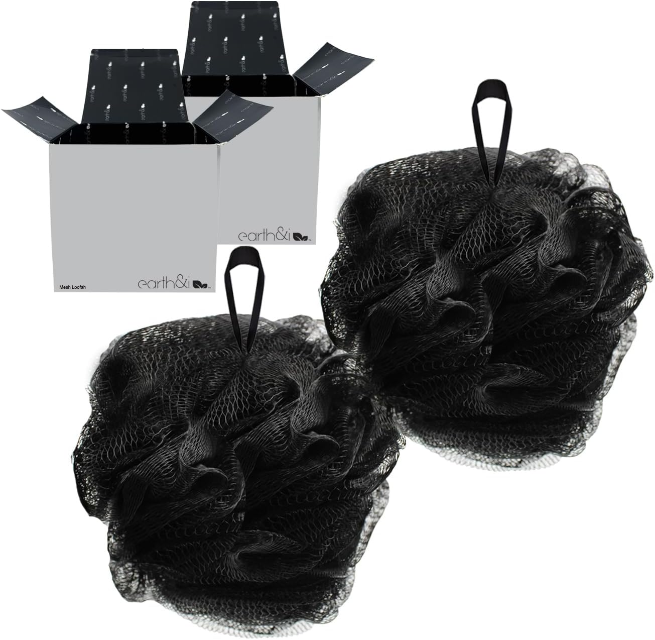 Earth & I 2 Count Mesh Charcoal Loofah, Loofa, Loofah Exfoliating Body Scrubber, Body Scrubbers for Use in Shower, Poofs, Luffas, Lufas for Men, Bathroom Sponge, Shower Sponges
