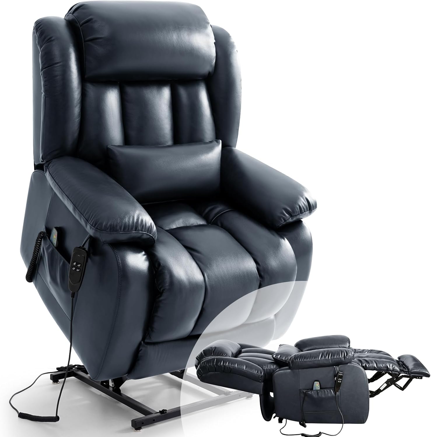 Infinite Position Lay Flat Lift Recliner Chair for Adults, Dual Motor Power Lift Chair for Elderly with Massage & Heating, USB Ports, Remote Control & Lumbar Pillow, Leather (Dark Blue)