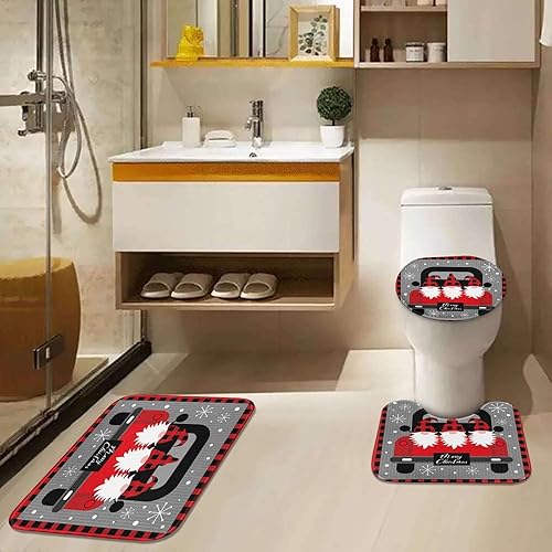 Miniatura 8 de ArtSocket Juego de baño de automóvil de Navidad con cortina de ducha y alfombras y accesorios, juego de cortinas de ducha de invierno rojo nieve