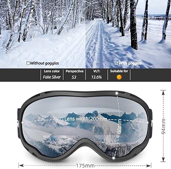 Ski Goggles Over Glasses-Ski Snowboard Snowmobile Goggles for Men Women Adult, Anti Fog 100% UV Protection