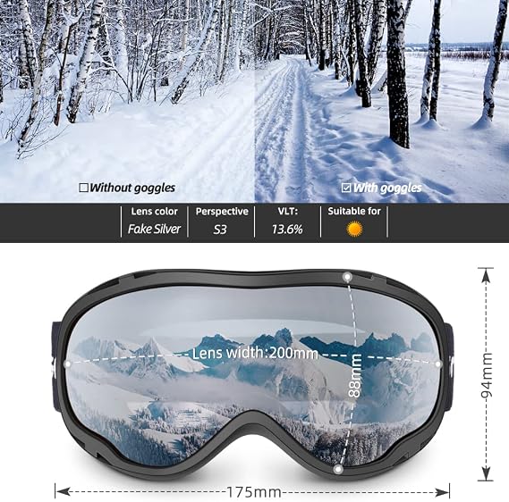 Ski Goggles Over Glasses-Ski Snowboard Snowmobile Goggles for Men Women Adult, Anti Fog 100% UV Protection