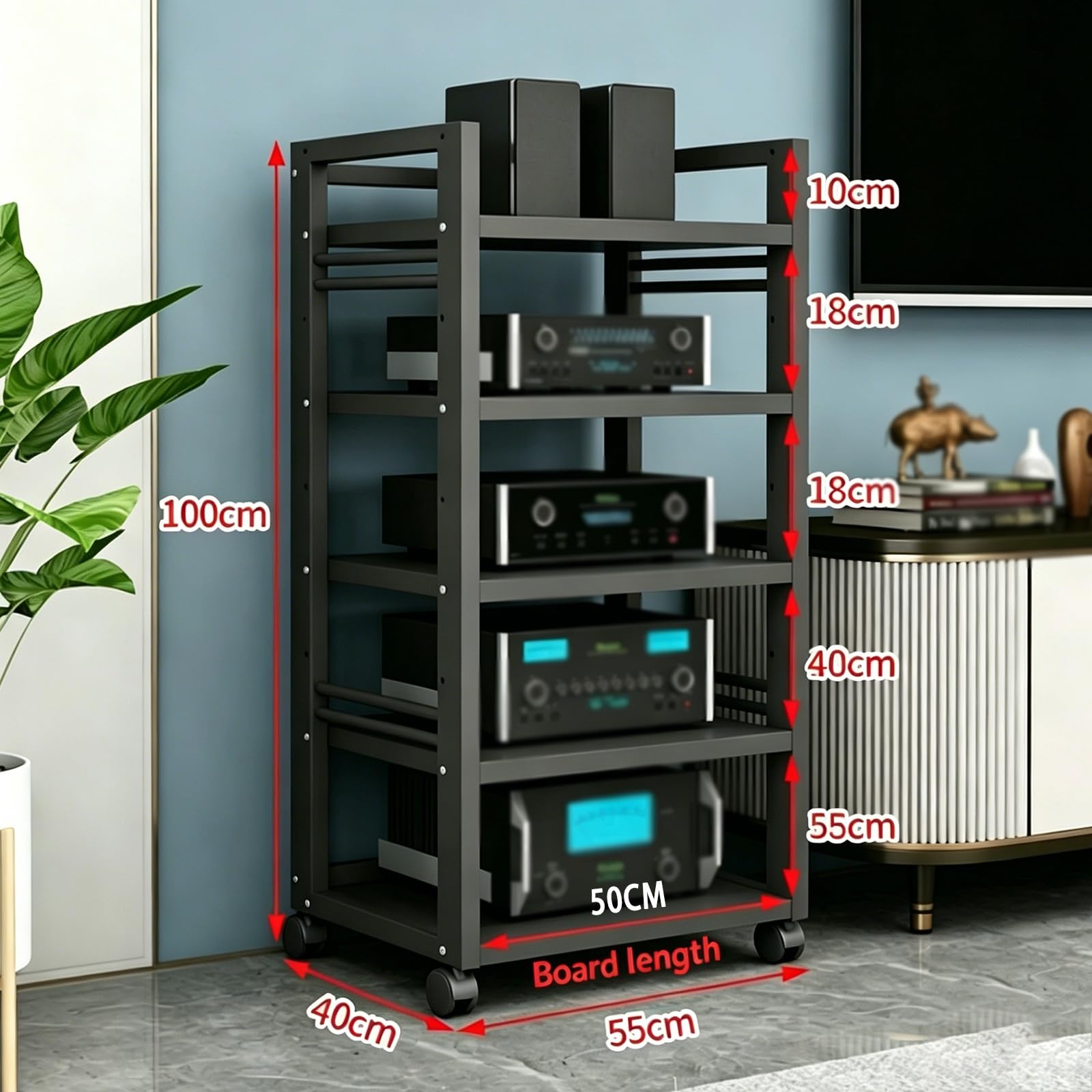 5-poziomowy Stojak Na Sprzęt Audiowizualny Z Kółkami, Regulowana Półka Na Sprzęt Audio-wideo, Nowoczesna Konsola Do Szafki Stereo, Stojak Na Sprzęt Audio Do Domu/kina(Black)
