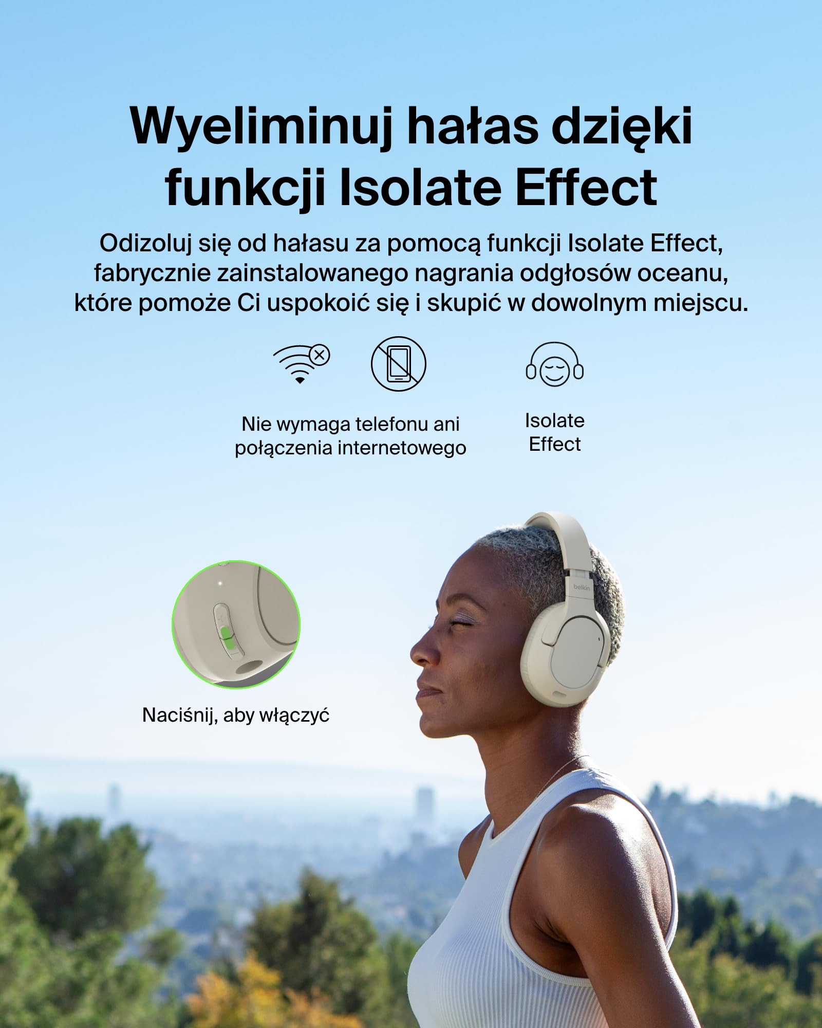 Belkin SoundForm Isolate Słuchawki Bezprzewodowe z Redukcją Hałasu, hybrydowe słuchawki Bluetooth, czas odtwarzania 60 godz., głębokie basy, nauszniki CloudCushion, do podróży, domu, biura – piaskowe