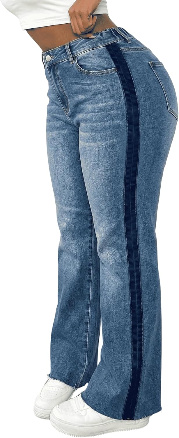 Women's Plus Size High Waisted Straight Leg Jeans Curvy Fit Stretchy Denim Pants with Dark Side Stripes and Raw Hem