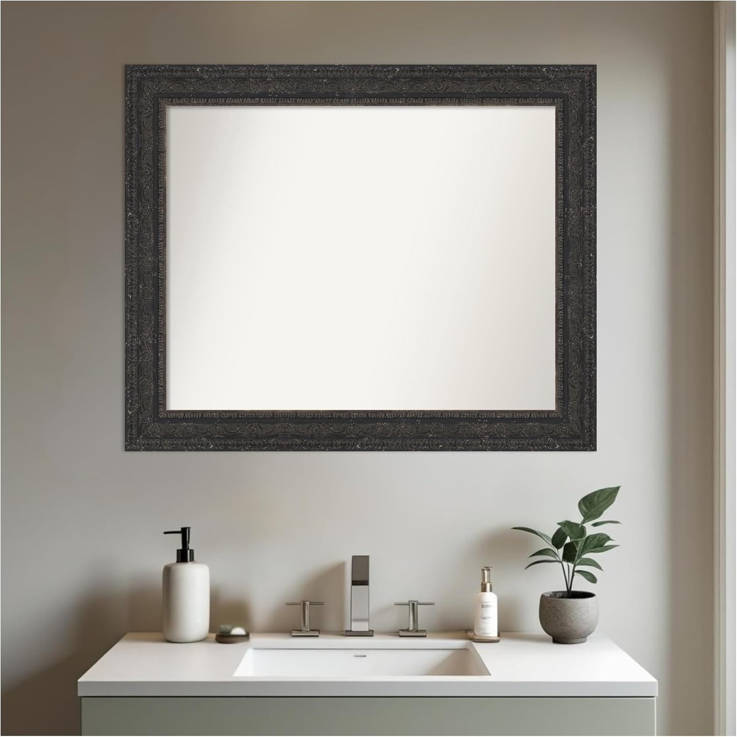 Amanti Art Black Bathroom Mirror for Over Sink, 27x33 Attic Aged Black Rectangle Vanity Mirror, Large Traditional Wood Frame, Hangs Horizonally and Vertically, Bathroom Wall Decor, Non-Beveled Edge