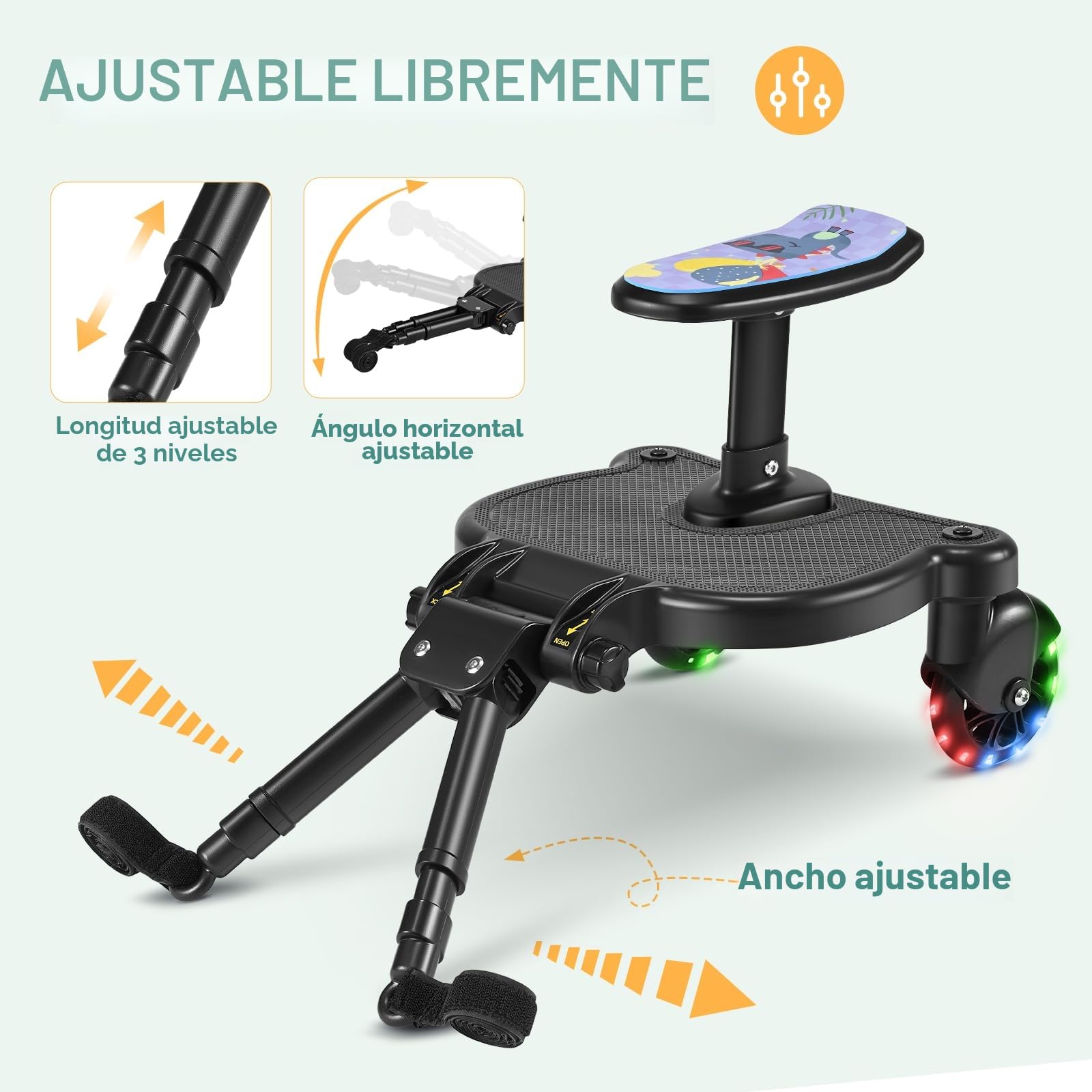 Patinete Carro Bebe Universal, Tabla para Cochecito con Asiento Estampado, Buggy Board con Ruedas Intermitentes, Compatible con Más del 99% de Los Cochecitos, Cargar 25KG