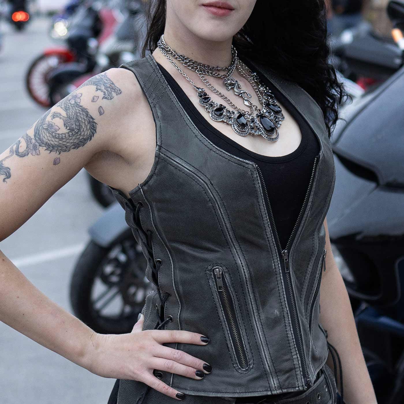 Milwaukee Leather Women's V-Neck Distress Grey Premium Leather Motorcycle Rider Vest w/Side Laces MLL4531 - X-Small - Image 6