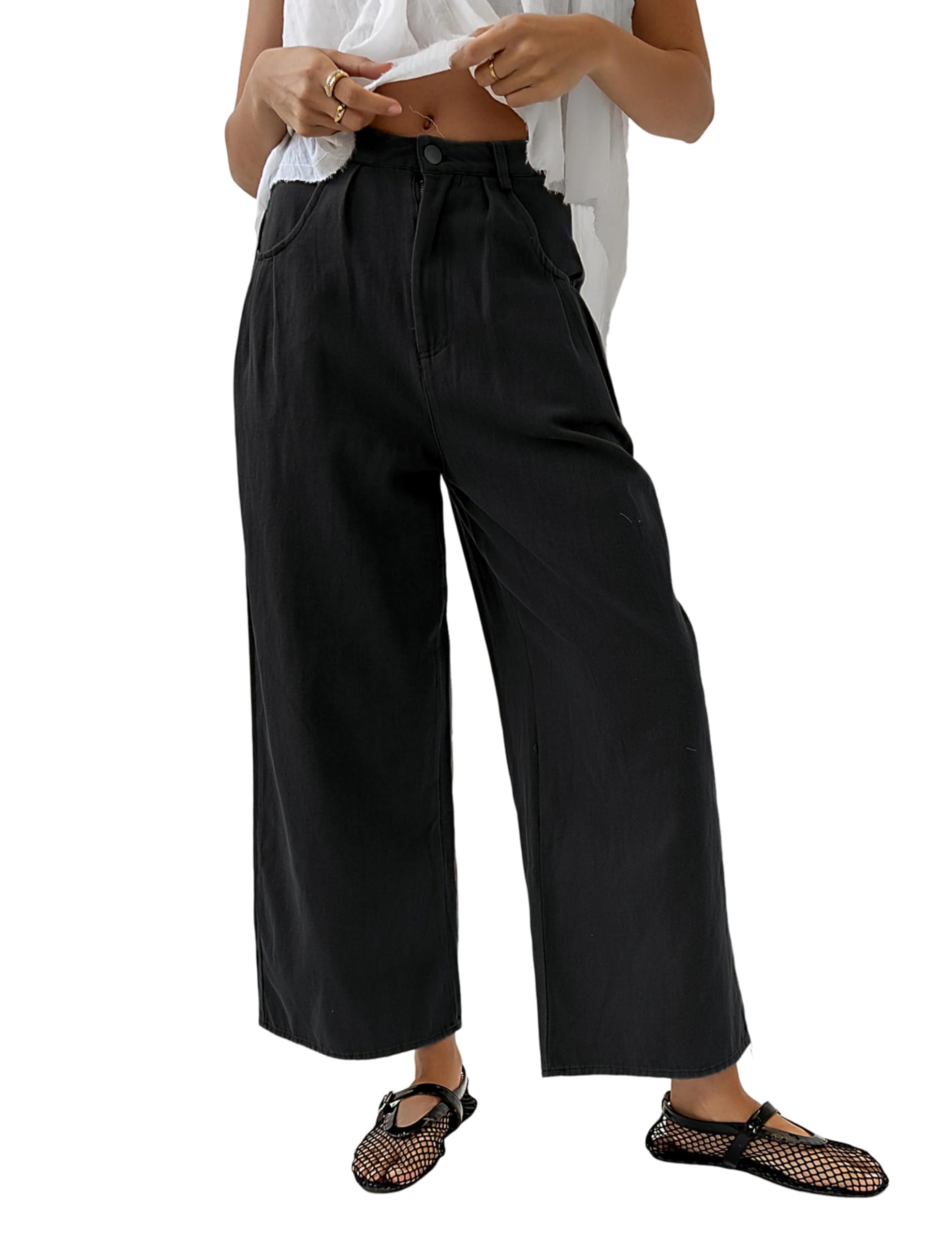 Lentta Womens Cropped Wide Leg Pants High Rise Pleated Casual Capri Baggy Palazzo Trousers with Pockets