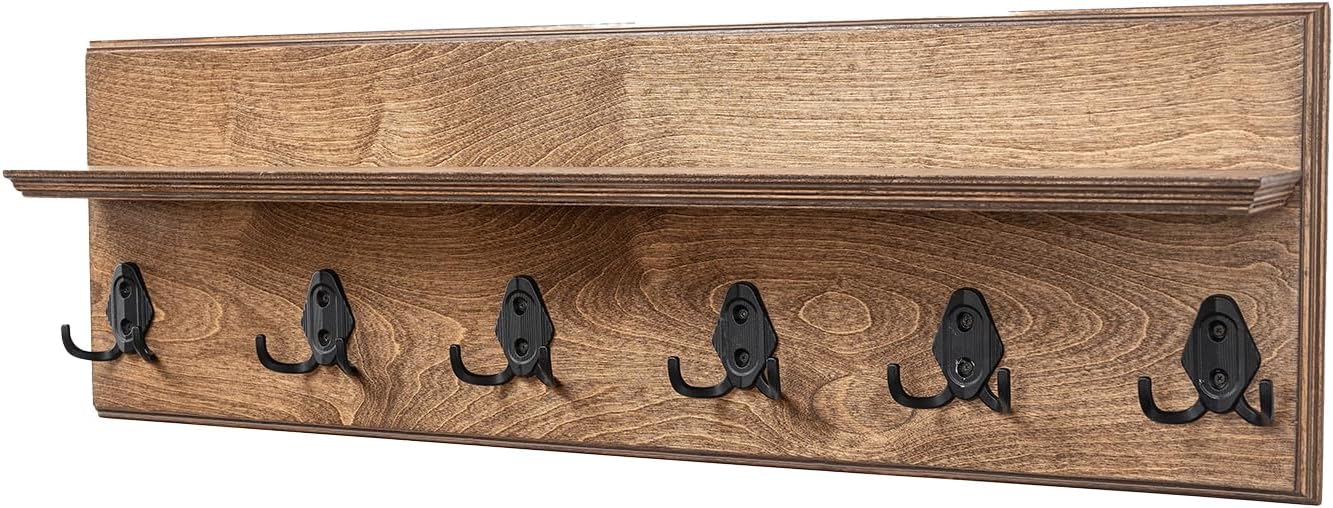 Rustic Wall Mounted Coat Rack with Shelf Wooden Entryway Organizer with 5 Metal Hooks for Coats Hats Towels Keys Floating Storage Shelf for Bathroom Bedroom (Walnut, 45 inch 8 Hooks)