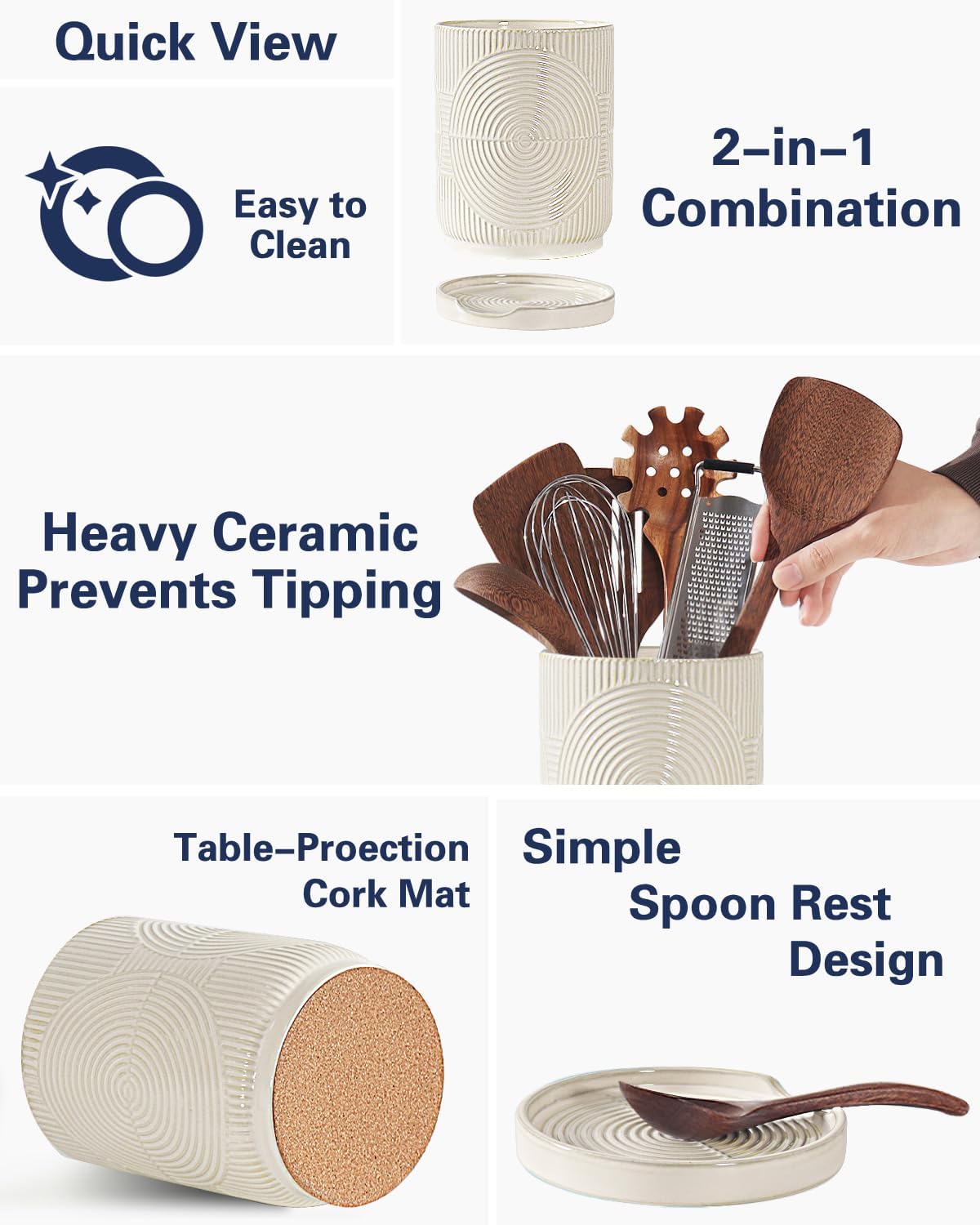 Utensil Holder, 7.2" Kitchen Utensil Holder for Counter, 2-in-1 Ceramic Cooking Utensils Holders with Spoon Rest, Utensil Crock for Spatula, Ideal Housewarming Gift (Beige)