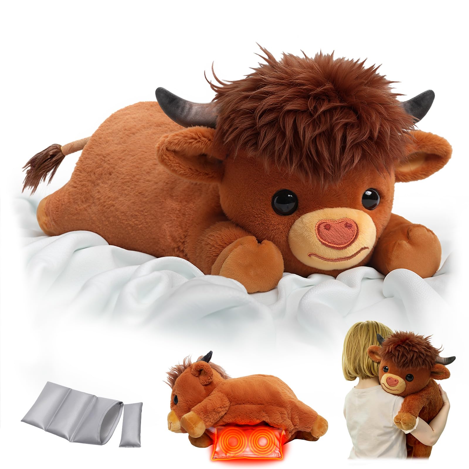 Mewaii Gewichteter Highland Cow Plüschtier mit Mikrowellen-Wärmekissen - 2,3KG Gewichtetes Stofftier, Einstellbar, Heizbar & Kühlbar, Kuschelige Geschenke für Mädchen und Kinder (23 Zoll)