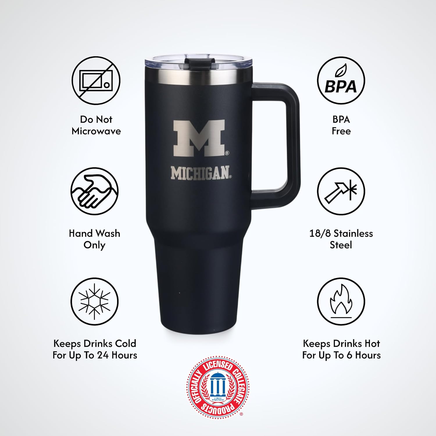 The Memory Company Officially Licensed NCAA 40oz Game Day Tumbler – Stainless Steel, Double-Wall Insulated Travel Mug with Handle, Straw & Laser-Engraved Team Logo