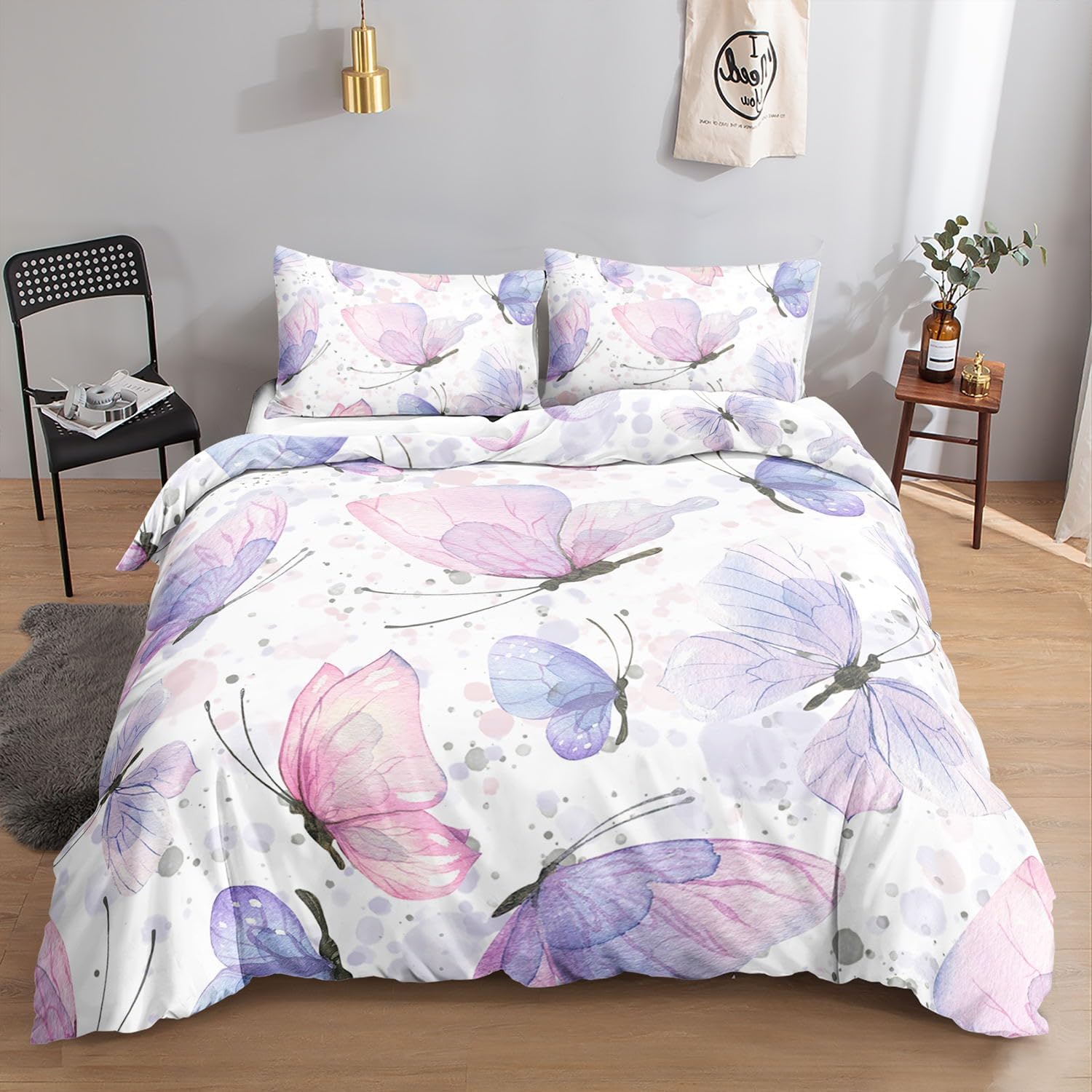 HOSIMA Purple Butterfly Duvet Cover Set for Adults Boys and Girls Purple Butterfly Print Duvet Cover with 2 Pillowcases Purple Butterfly M