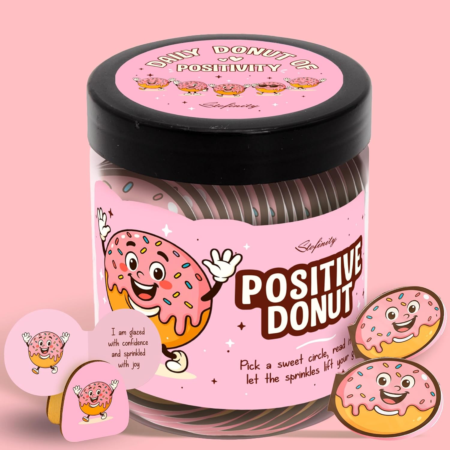 STOFINITY Emotional Support Donut Jar, 60 Affirmation Cards, Pink