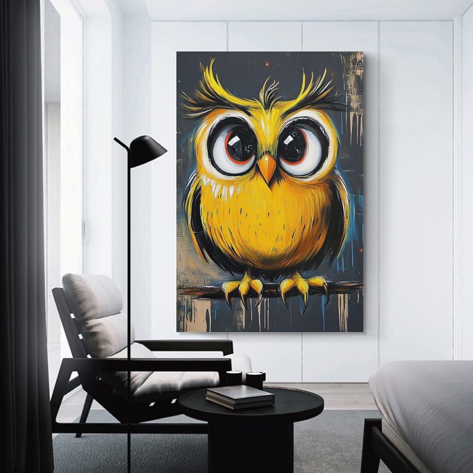 Junmoney Decorative Wall Artwork Cute Yellow Owl Painting, 12x18inch(30x45cm), for Calm Bedrooms, Home Corners Or Flats, An Easy Wall Refresh for Bedrooms