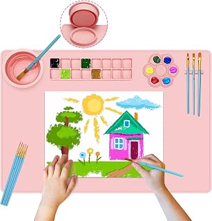 Silicone Painting Mat with Cup, 23.6"*15.7" Silicone Art Mats for Crafts with 10 Brushes, 12 Color Dividers, Collapsible Erasable Washable Painting Mat for Kids (Pink)