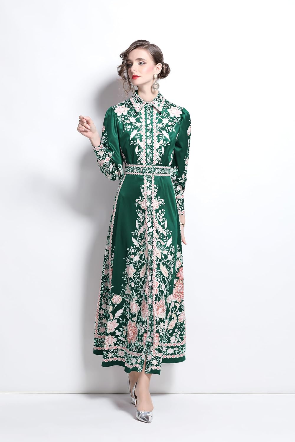 LAI MENG FIVE CATS Women's Vintage Floral Print Belt Maxi Dress Flowy Casual Button Up Split Long Dress - Image 3