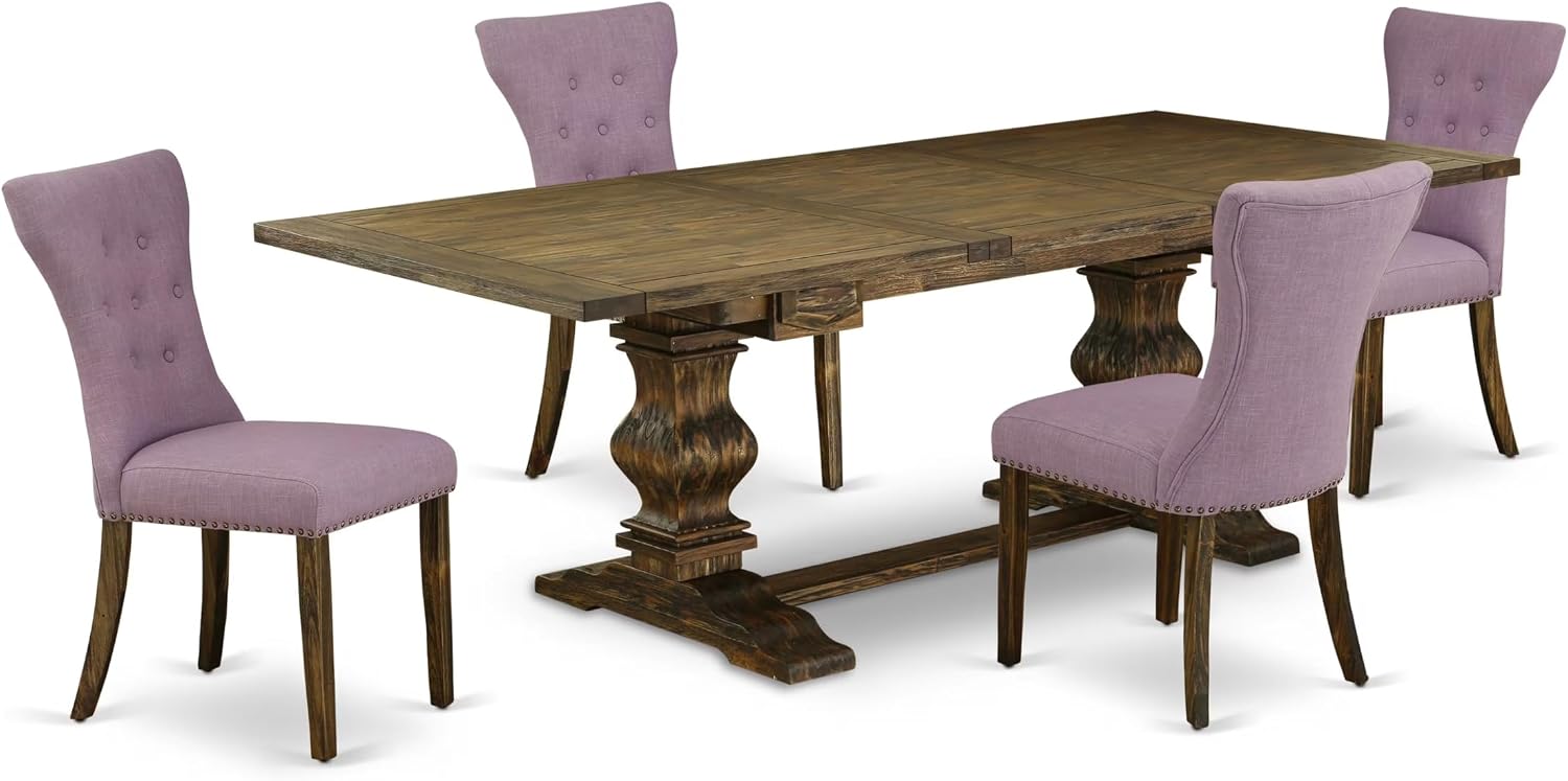 East West Furniture LAGA5-77-40 5 Piece Dining Room Furniture Set Includes a Rectangle Wooden Table with Removable Leaf and 4 Dahlia Linen Fabric Upholstered Chairs, 42x92 Inch, Jacobean