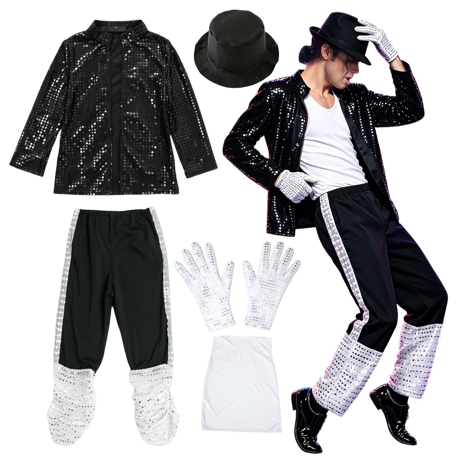 Adults King of Pop Musician Costume 6-Piece Set Sequin Jacket Striped Pants with Hat Gloves and T-Shirt 80s 90s Music Icon for Halloween Party Stage Performance and Fancy Dress