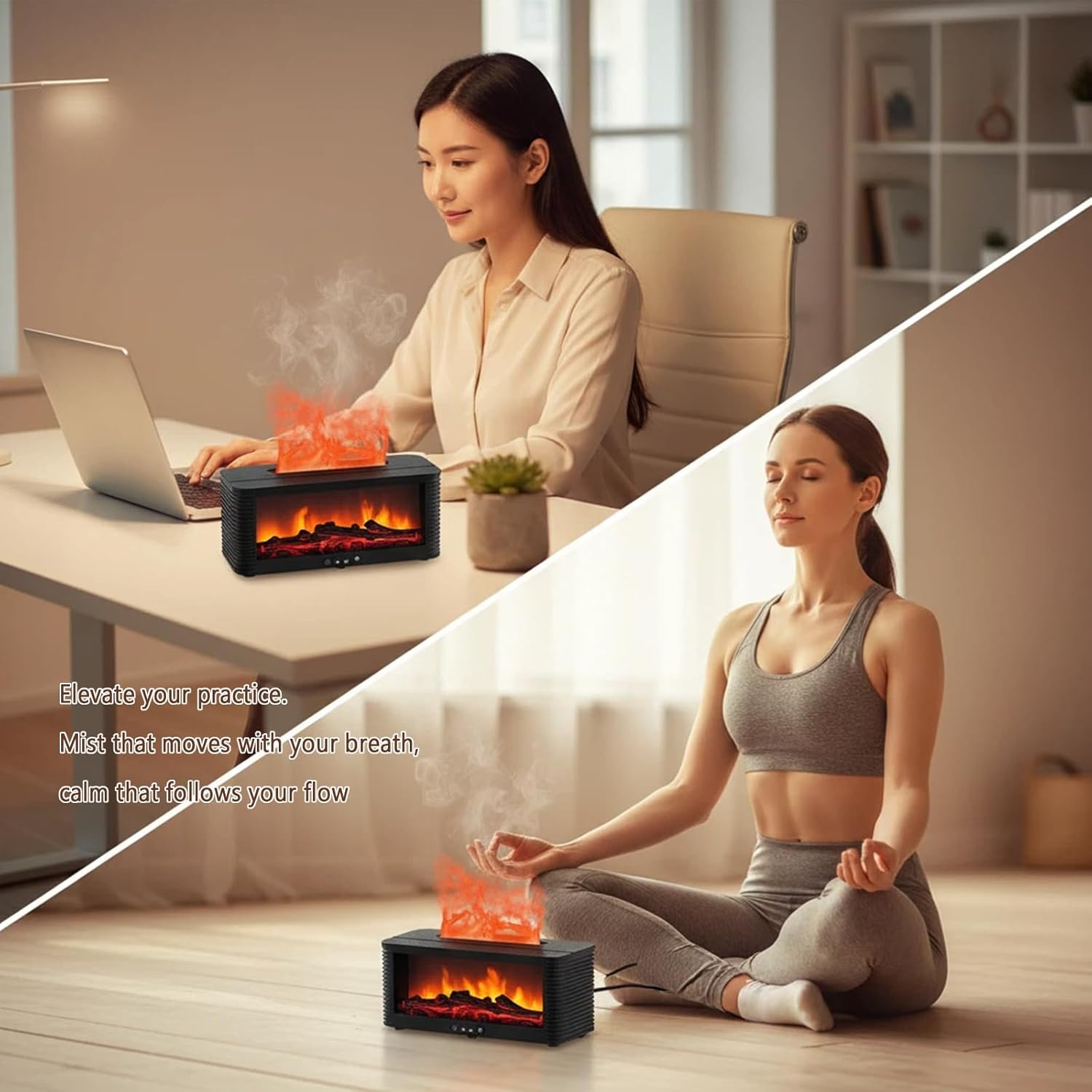 Fireplace Flame Aromatherapy Diffuser, 250ml Ultrasonic Cool Mist Humidifier with Remote Control, 7 Colors Firelight Essential Oil Diffuser for Home and Office (Black)