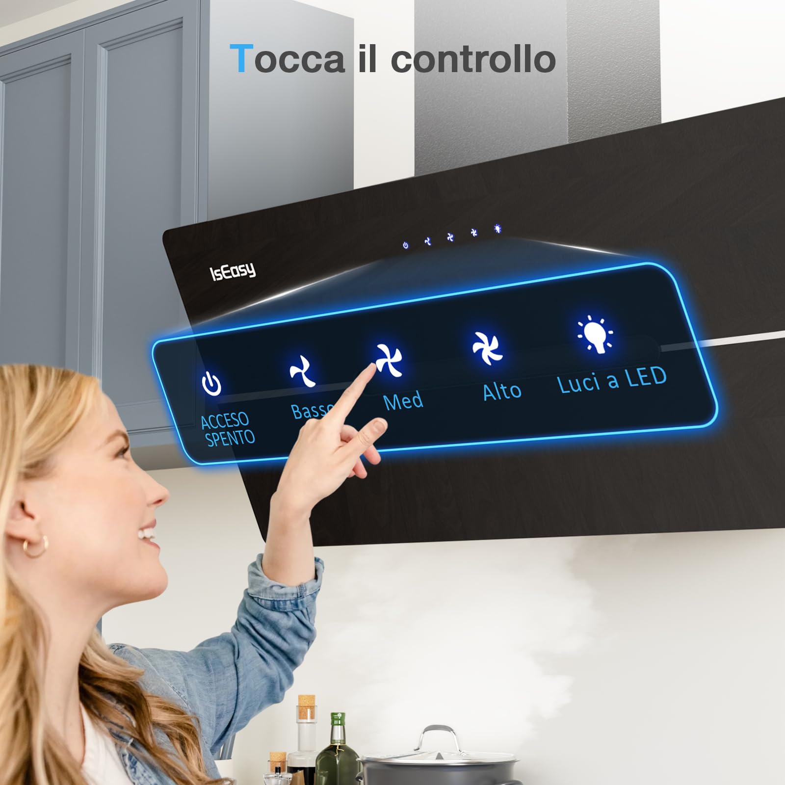 Cappa Cucina 90 cm, IsEasy Cappa Aspirante 90cm con 578 m³/h Forte Aspirazione, Touch Control, 3 Livelli di Regolazione, Ricircolo e Modalità di Scarico, Nero, 58 dB, Efficienza A++