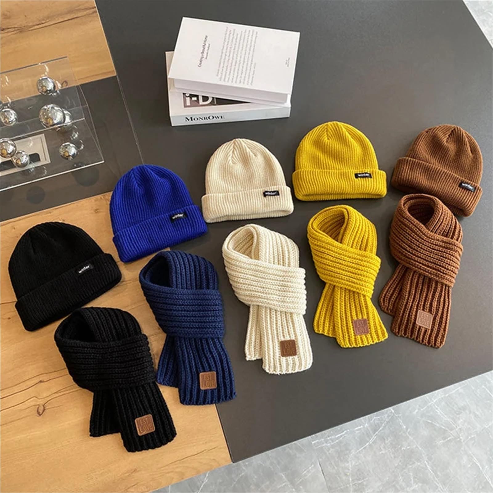 2 Sets Kids Hat and Scarf Combo - Autumn & Winter Windproof Knitted Hat and Bib, Baby Wool Hat for Boys and Girls(Beige)