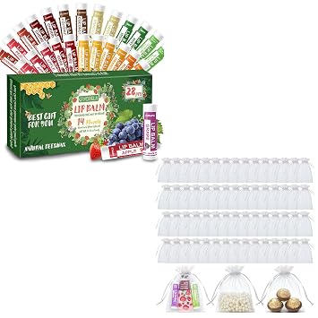 Yopela 28 Pack Lip Balm Bulk & 60pcs Organza Gift Bags Natural Lip balm with Vitamin E and Coconut Oil, Moisturizing, Soothing, and Repairing Dry and Chapped Lips