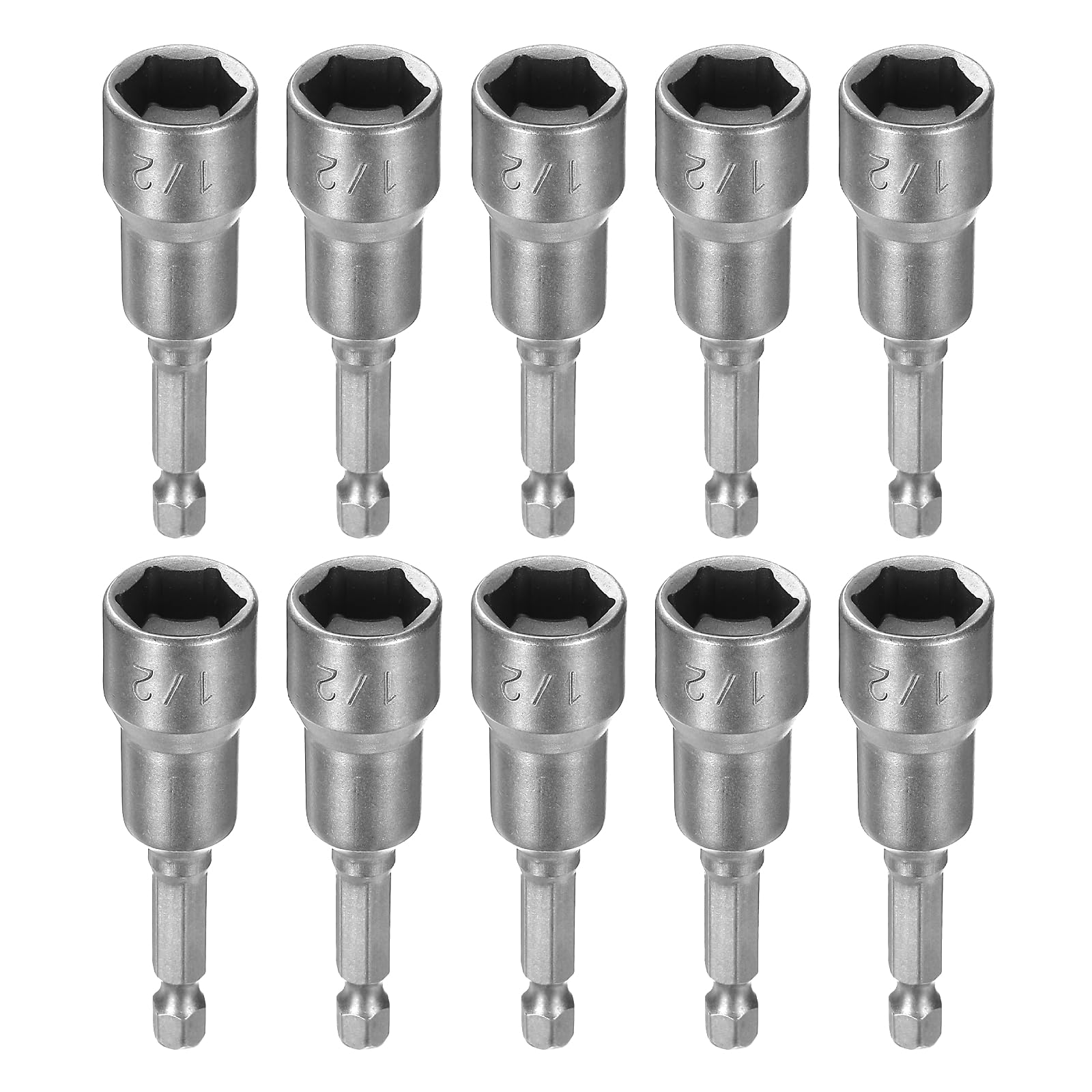 HARFINGTON 10 brocas hexagonales de 1/2 pulgada, 6 puntos, 1/4 pulgadas, tuerca de acero CR-V de cambio rápido para taladros eléctricos, destornilladores de impacto, tono plateado