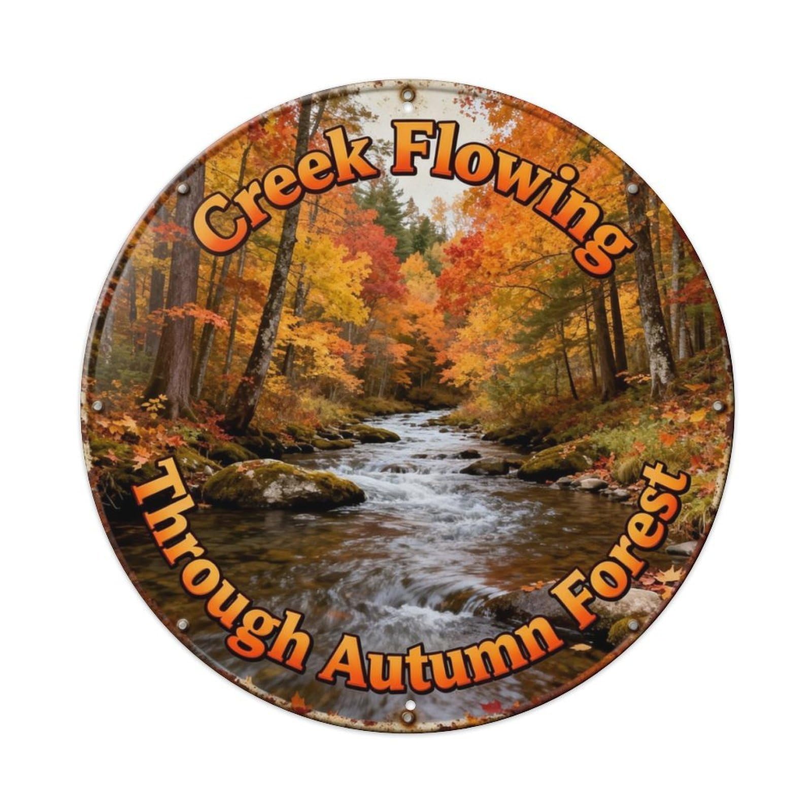 Creek Flowing Through Autumn Forest Metal Tin Sign Plaque