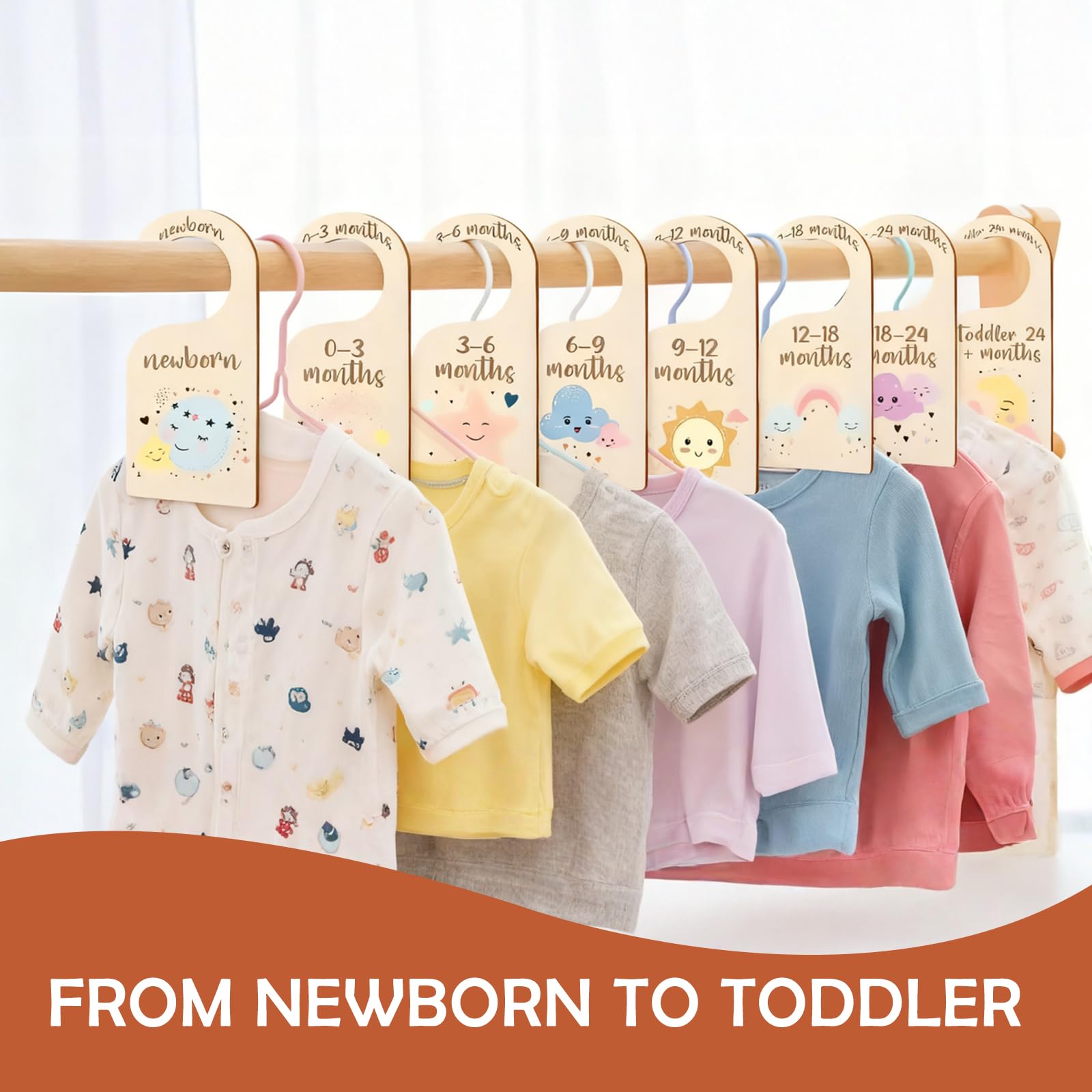 8 Piezas Separadores de Madera para Armario Infantil - Organizadores de Ropa de Bebé Desde Recién Nacido hasta 24 Meses - Decoración para Percha de Guardería para Niños y Niñas - Tamaño 7.5x16CM