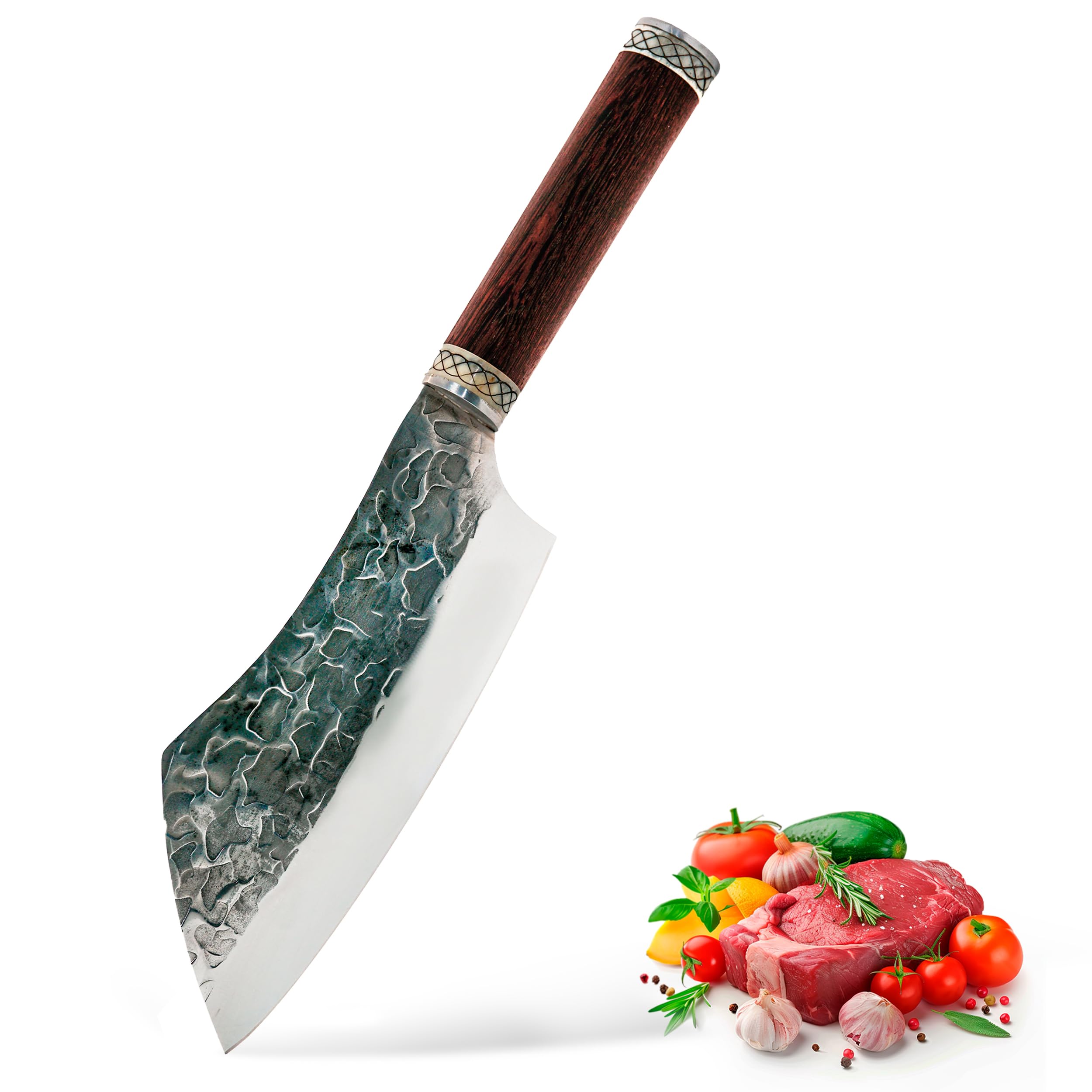 Norse Tradesman Chef & Cleaver Hybrid Knife - 7.5" Razor Sharp Kitchen Knife – Genuine Cowbone Accented Handle with Celtic Knot Engravings – Artisan Forged