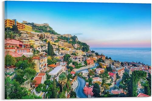 Lienzo decorativo para pared, bahía de Giardini-Naxos, costa del mar Jónico, Taormina, Sicilia, Italia, impresiones en lienzo para pared, pinturas