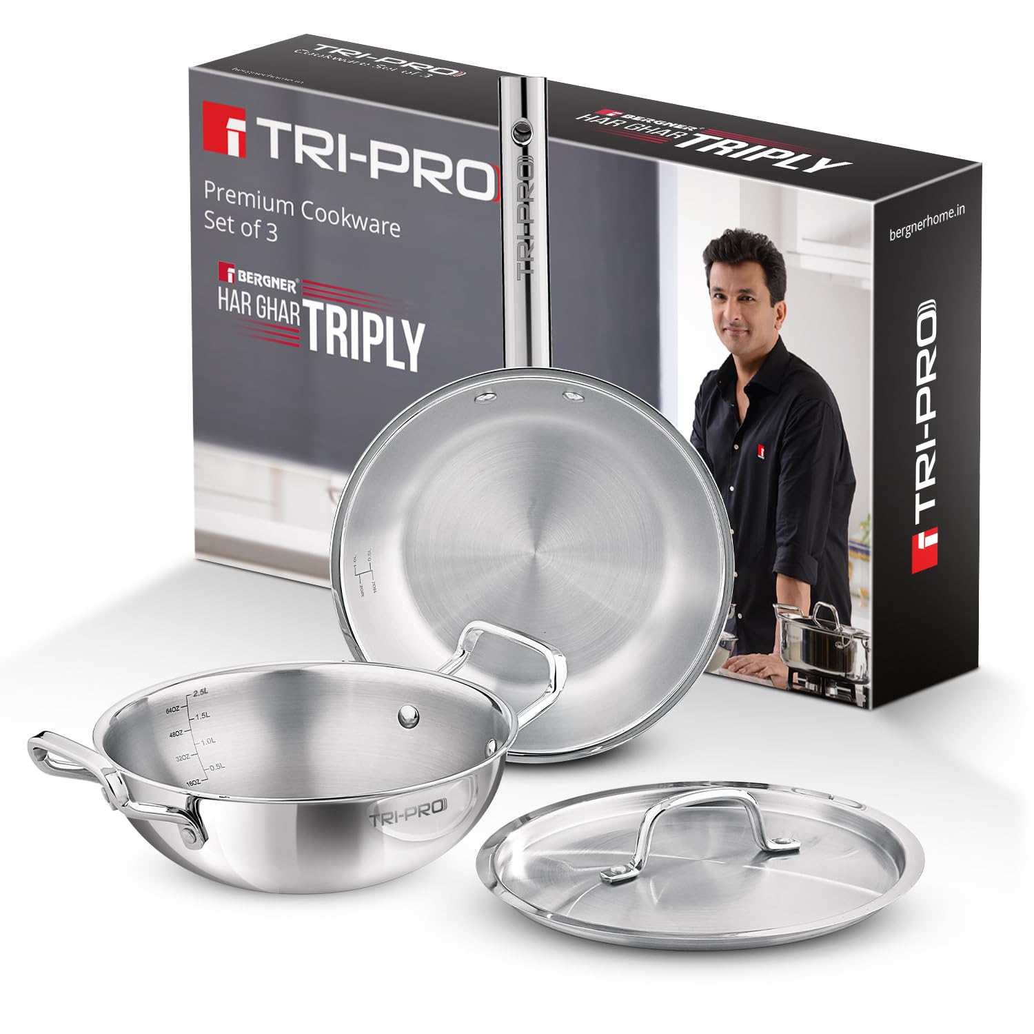 Bergner Tripro Triply Stainless Steel 3 Pc Cookware Set, 24 cm Indian Wok/Kadai with Lid, 22 cm Frypan Without Lid, Fast and Event Heating, Induction Bottom, Gas Ready, Silver-image-11