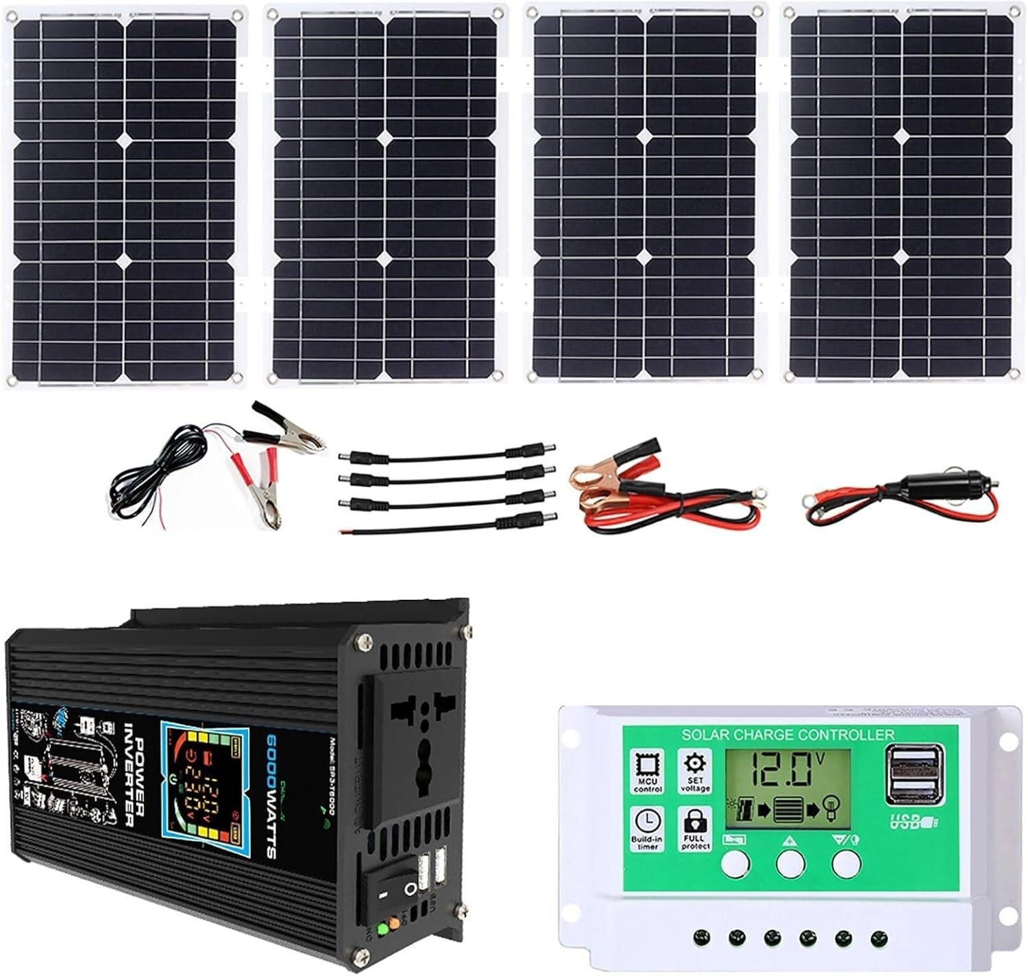 Kit di Alimentazione Solare off-Grid da 6000 W con Pannello Solare Impermeabile da 100 W e regolatore di Carica da 50 A per Camper, Barche e situazioni di Emergenza (Nero)