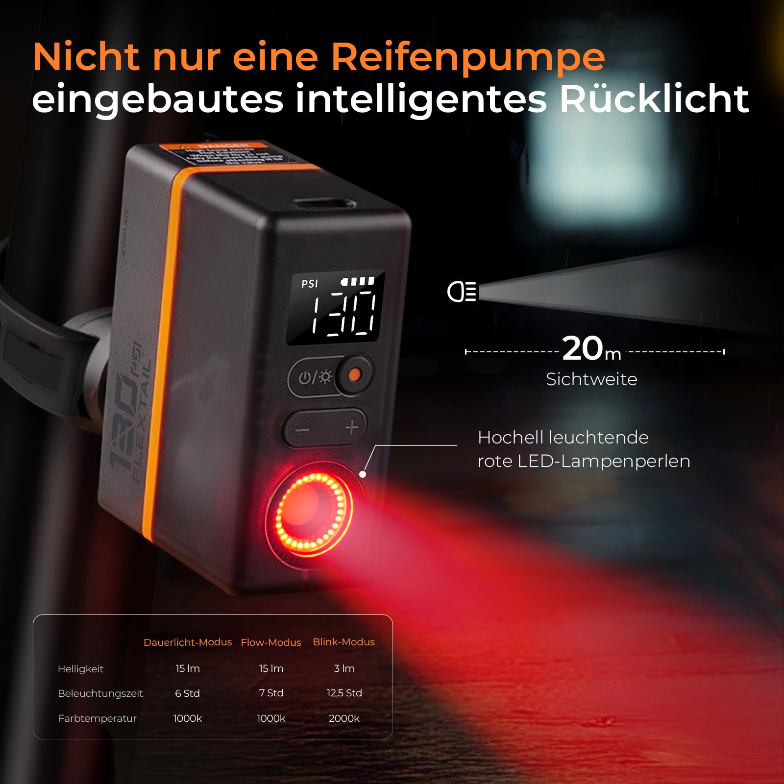 FLEXTAILGEAR Mini Fahrradpumpe Elektrisch, 130 PSI Tragbar mit Manometer & Rücklicht, Automatische Abschaltung, Presta & Schrader-Ventil für E-Bike, Mountainbike, City- & Rennrad