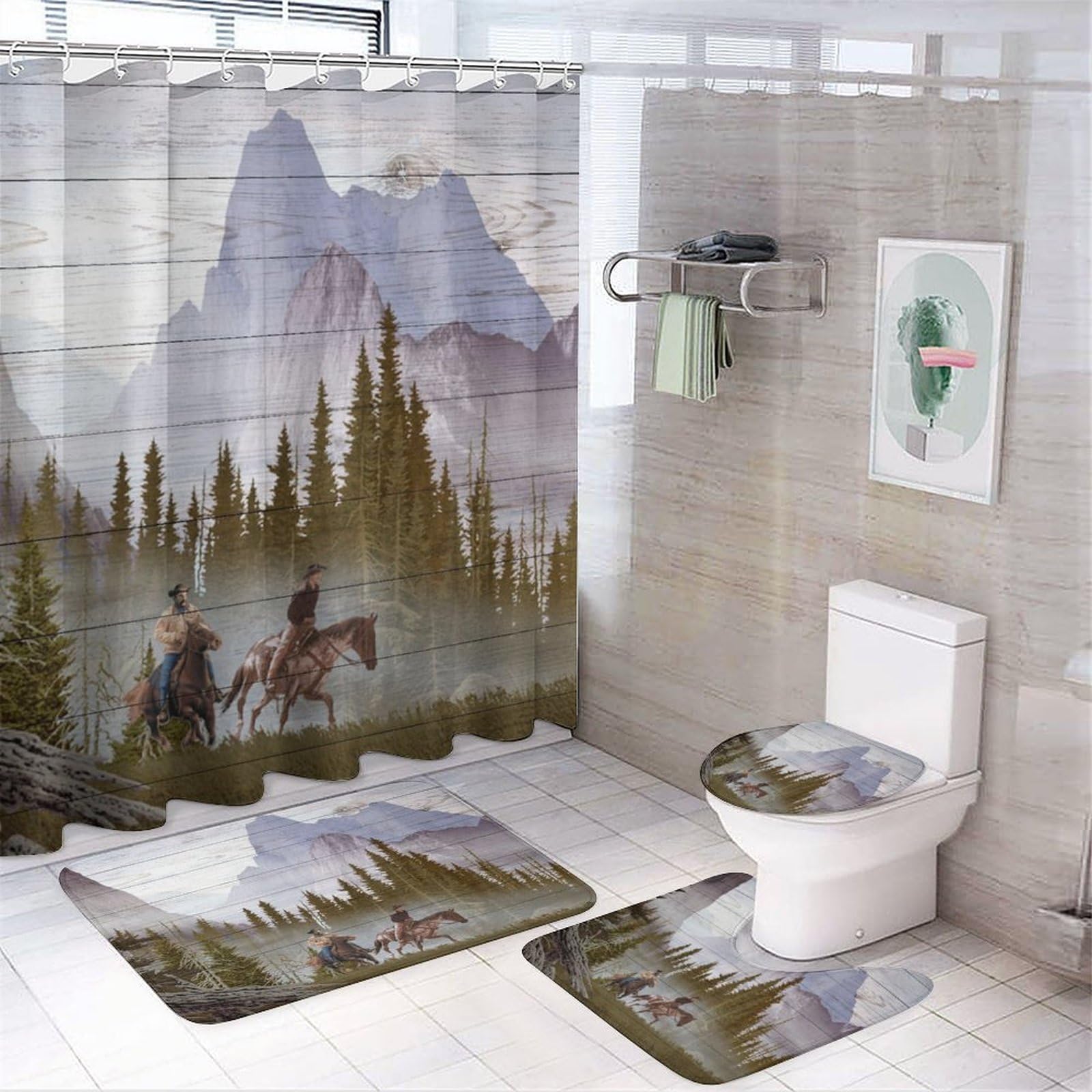 West Country Cowboy - Juego de 4 cortinas de ducha impermeables con cubierta de inodoro impermeable, alfombra de ducha, 183 x 183 cm