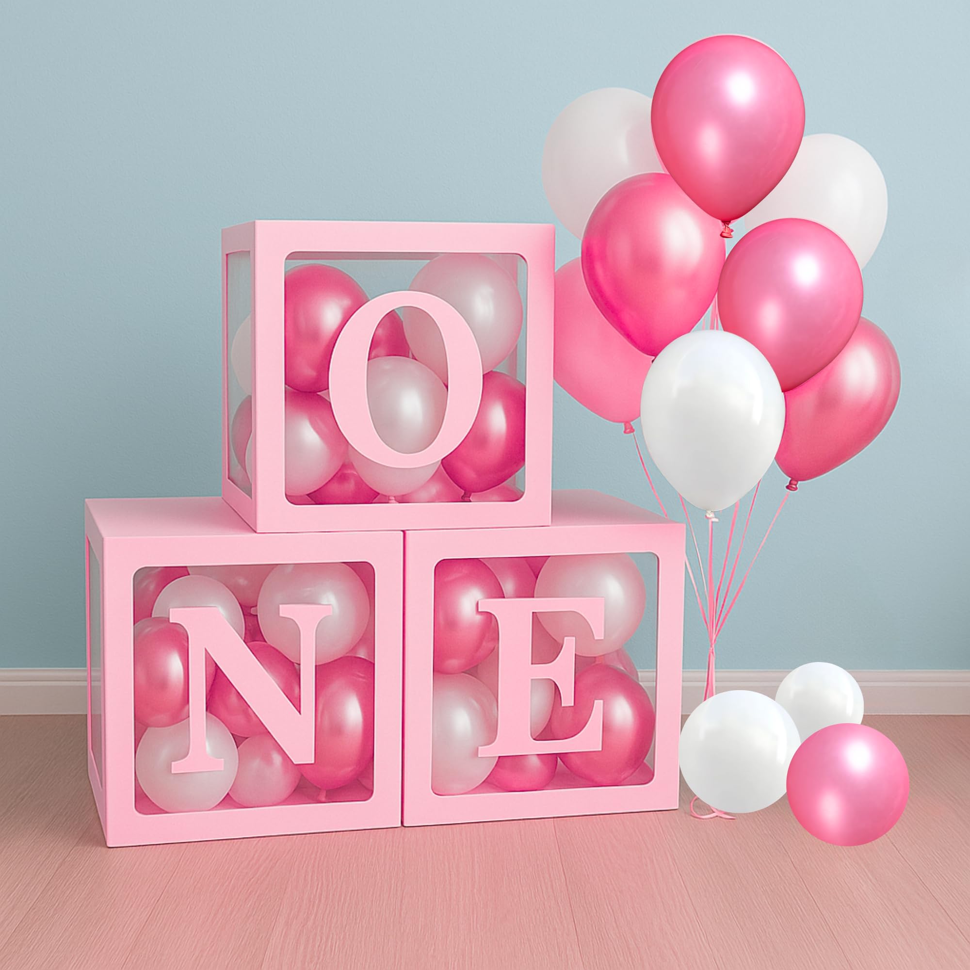 One Balloon Box for 1st Birthday Decoration Baby Girls Kids Twins Year Transparent Plain Letter 30 Pcs Pink White Balloon 3 Pcs Pink Box Glue Dots Arrangement Set Items Kit-image-38
