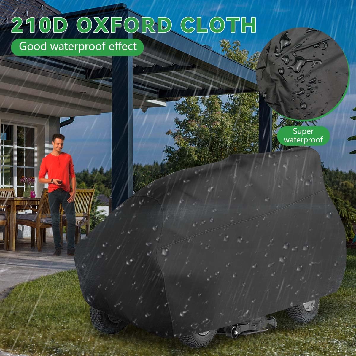 OBTANIM Funda impermeable para cortacésped de exterior, poliéster Oxford resistente al polvo, protección contra el polvo, cubierta para tractor de césped de hasta 54 pulgadas, con cordón y bolsa de
