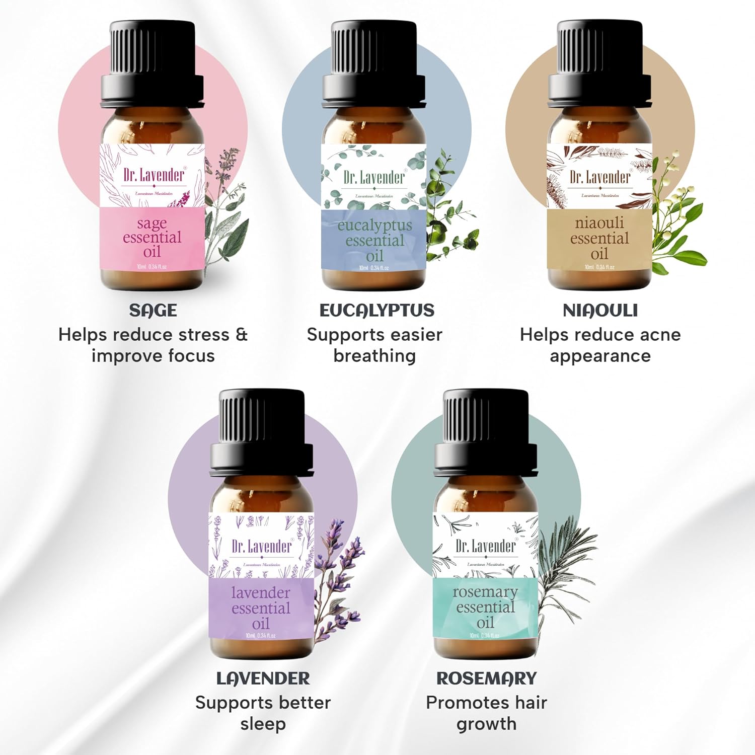 Dr. Lavender Organic Aromatherapy Oils Set - 5 Pack Plant Based Scents for Diffuser & Humidifier - Rosemary, Eucalyptus, Sage, Niaouli, Lavender - Essential Oil Kit for Home Fragrance, Relaxation