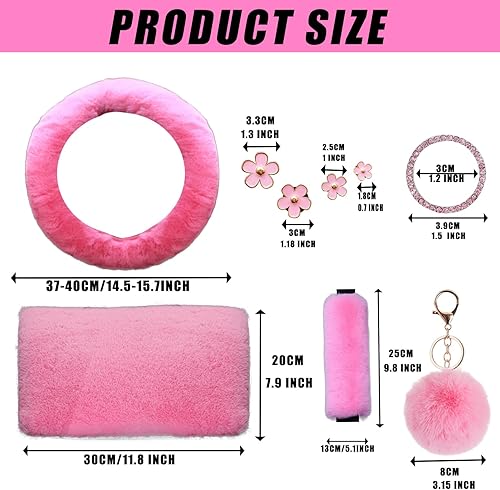 Miniatura 5 de Funda esponjosa para volante para mujer con funda de engranaje peludo, funda para freno de mano, funda para cinturón de seguridad y almohadilla para