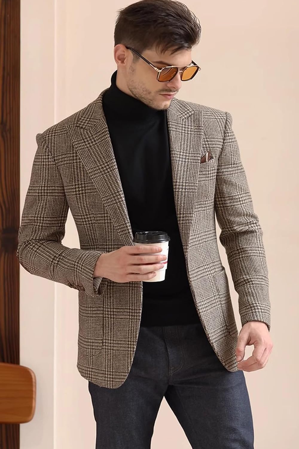 VENNYNG Men's Tweed Blazer Suit Jacket with Elbow Patches Autumn Blazer Male Vintage Short Trench Coat