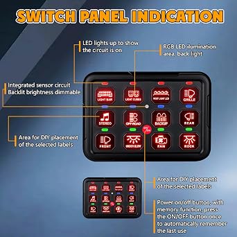 12 Gnag Remote Control Switch Panel, Switch Panel Adjustable Strobe Pulse Momentary, 12-24V Multifunction Circuit Control Relay System Box Swith Panel for Truck Pickup Car Boat SUV UTV RV