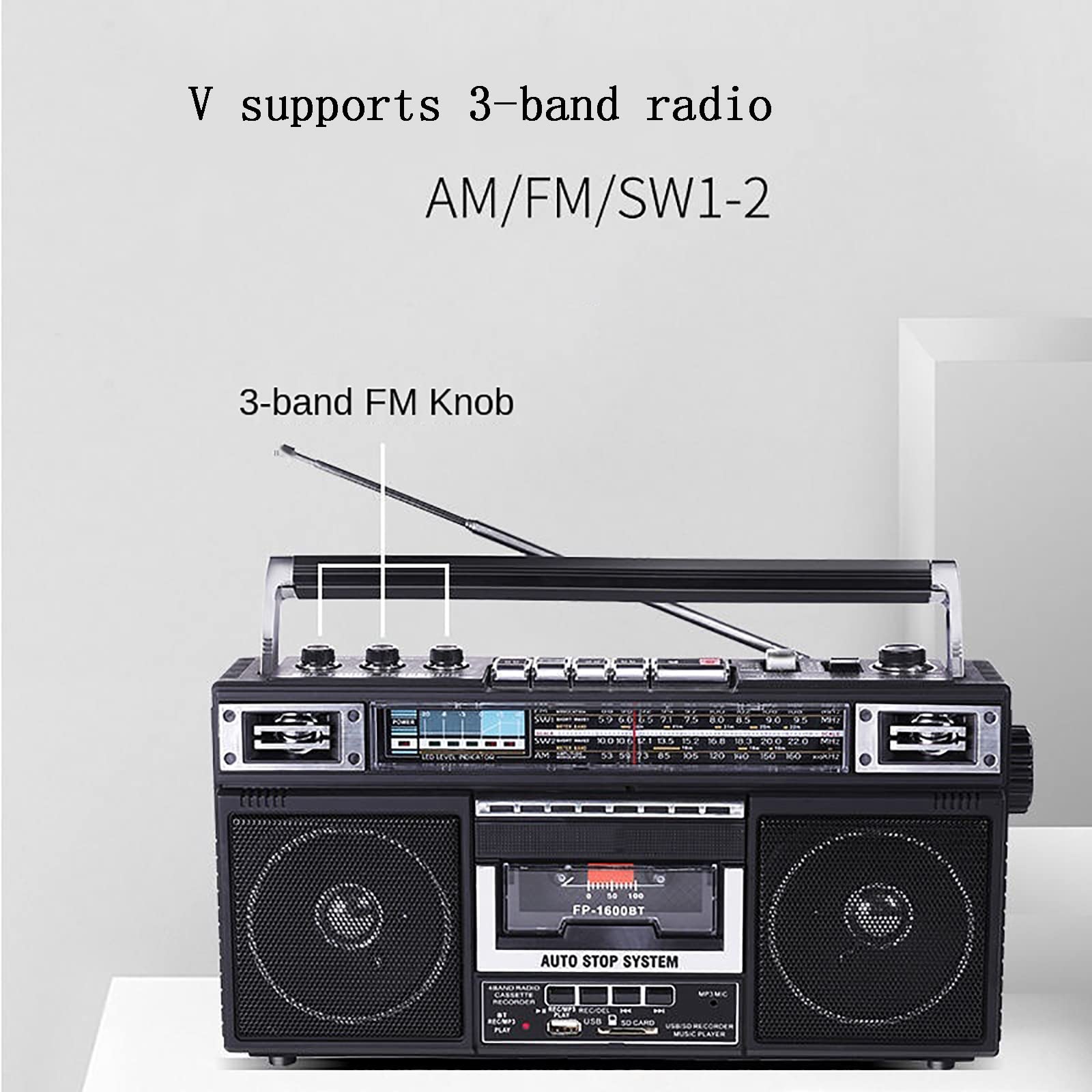 Retro magnetofon, przenośny odtwarzacz kasetowy, obsługa funkcji Bluetooth | Nagrywanie i odtwarzanie na taśmie | 3-pasmowy sygnał radiowy, jakość dźwięku HD